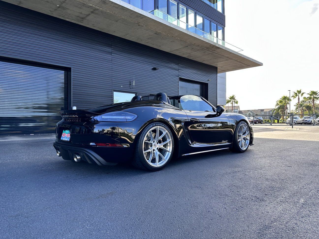 Black Porsche 718 Spyder with 20" VS-5RS Apex wheels in Brushed Clear