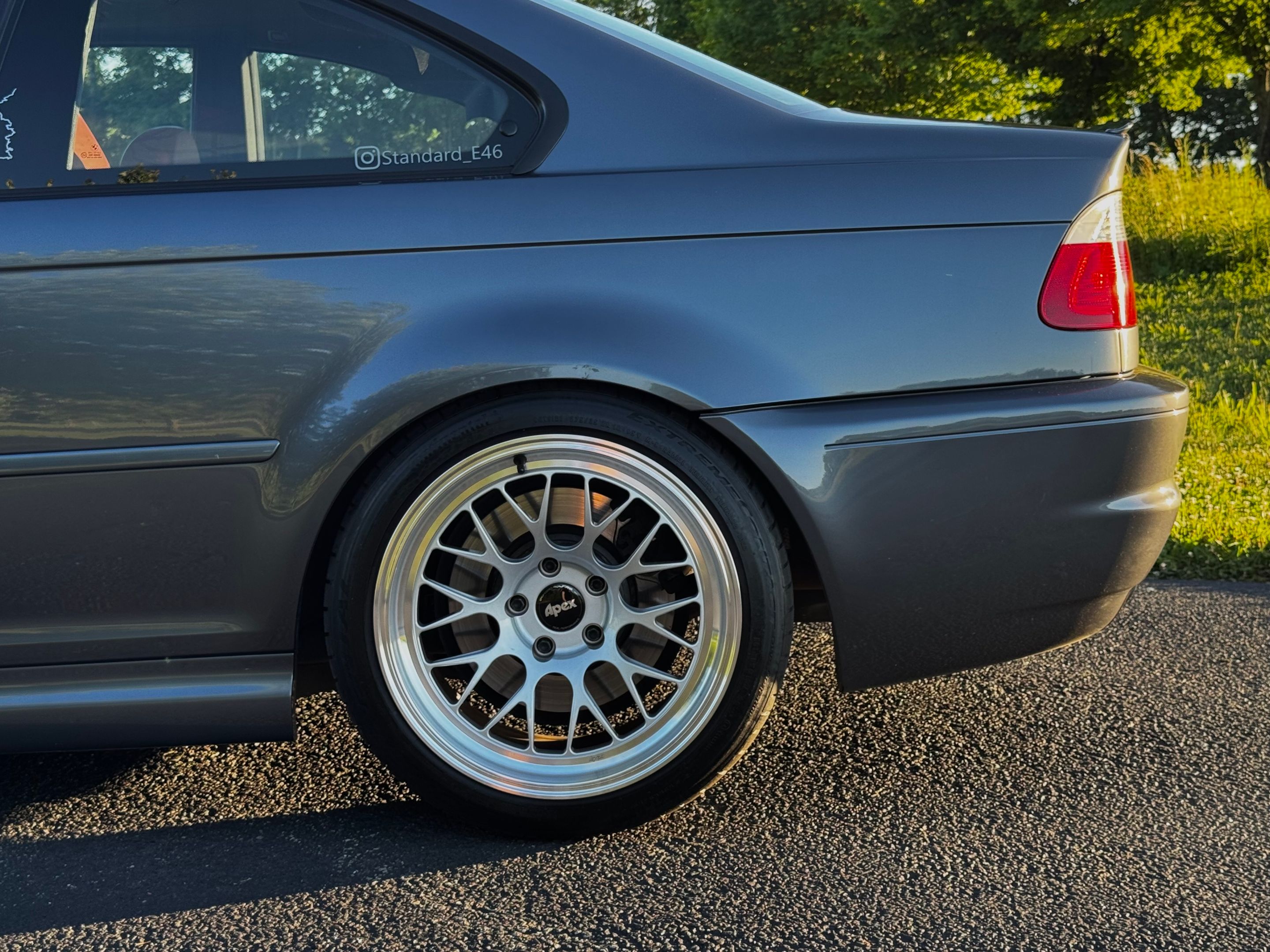 Grey BMW E46 M3 with 18" ML-10RT Apex wheels in Machined Lip Race Silver