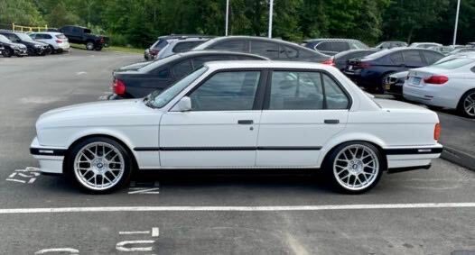 White BMW E30 3 Series with 17" ARC-8 Apex wheels in Race Silver