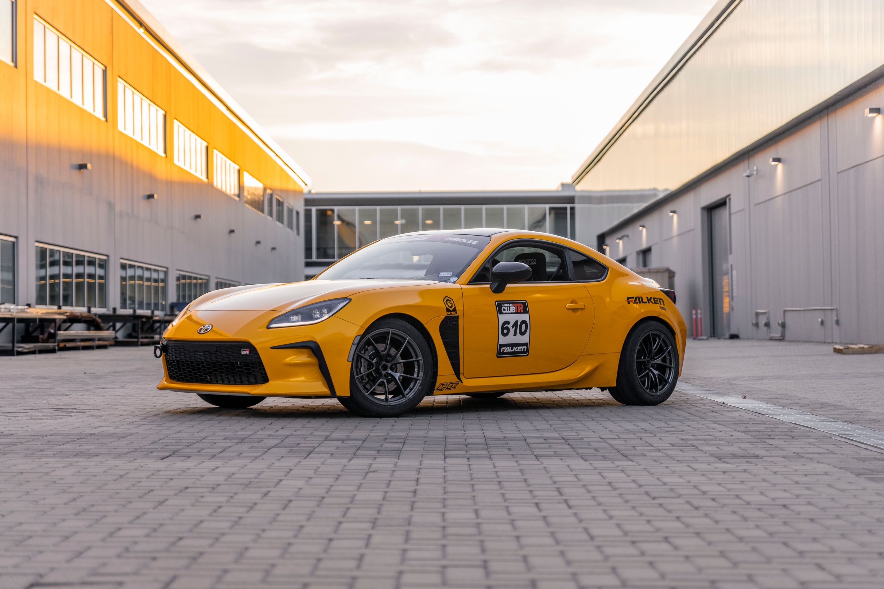 Yellow Toyota GR86 with 17" VS-5RS Apex wheels in Anthracite
