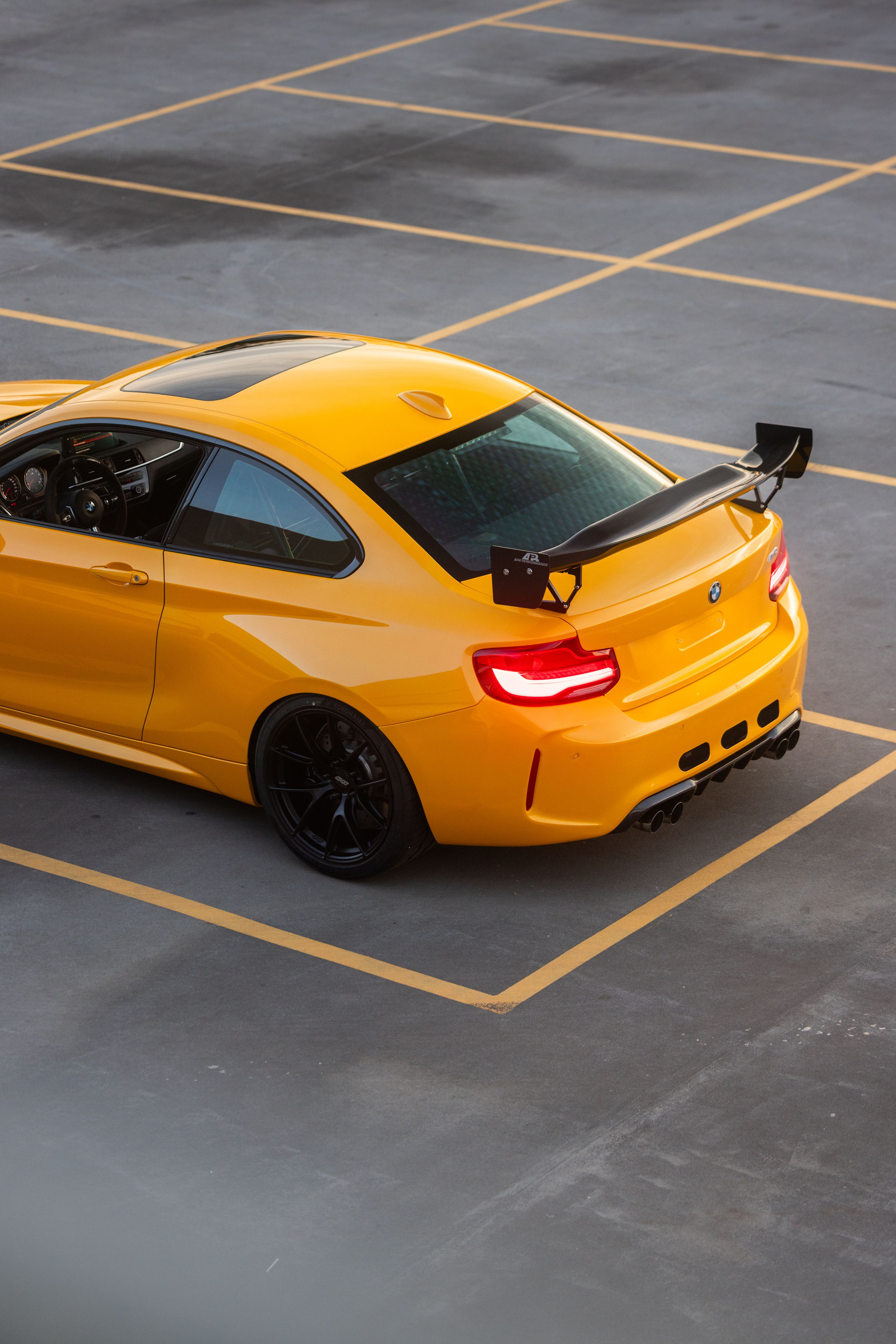 Yellow BMW F87 M2 with 19" VS-5RS Apex wheels in Satin Black
