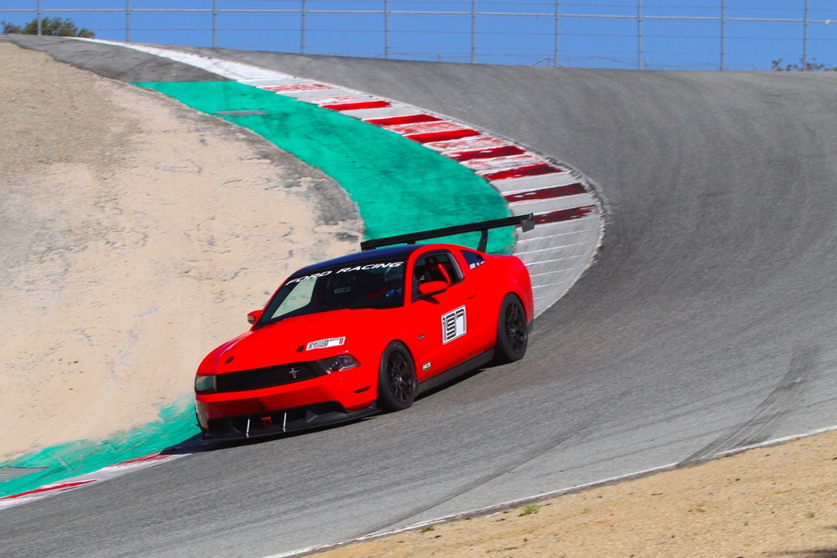 Red Ford S197 Mustang GT with 18" EC-7 Apex wheels in Satin Black