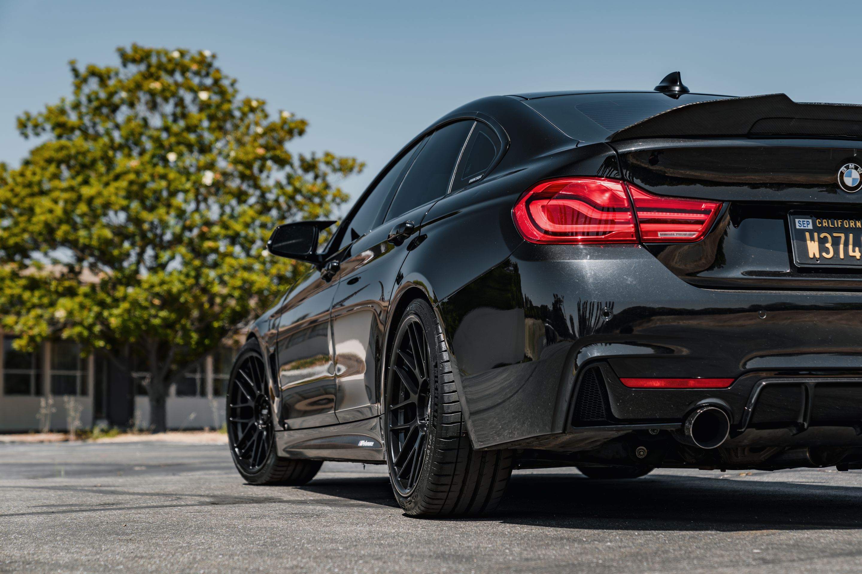 Black BMW F36 Gran Coupe 4 Series with 19" ARC-8RT Apex wheels in Satin Black