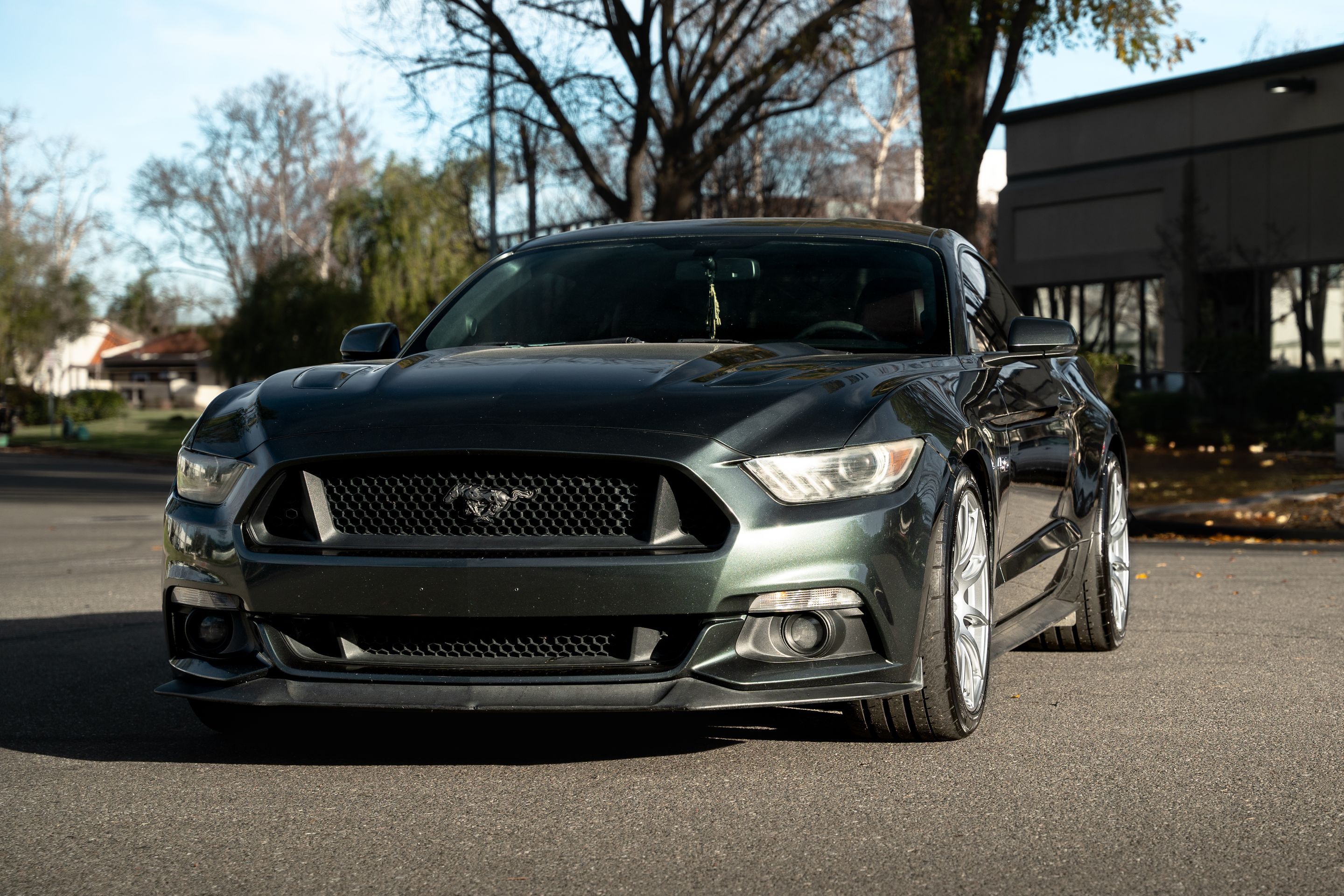 Green Ford S550 Mustang GT with 19" SM-10 Apex wheels in Race Silver