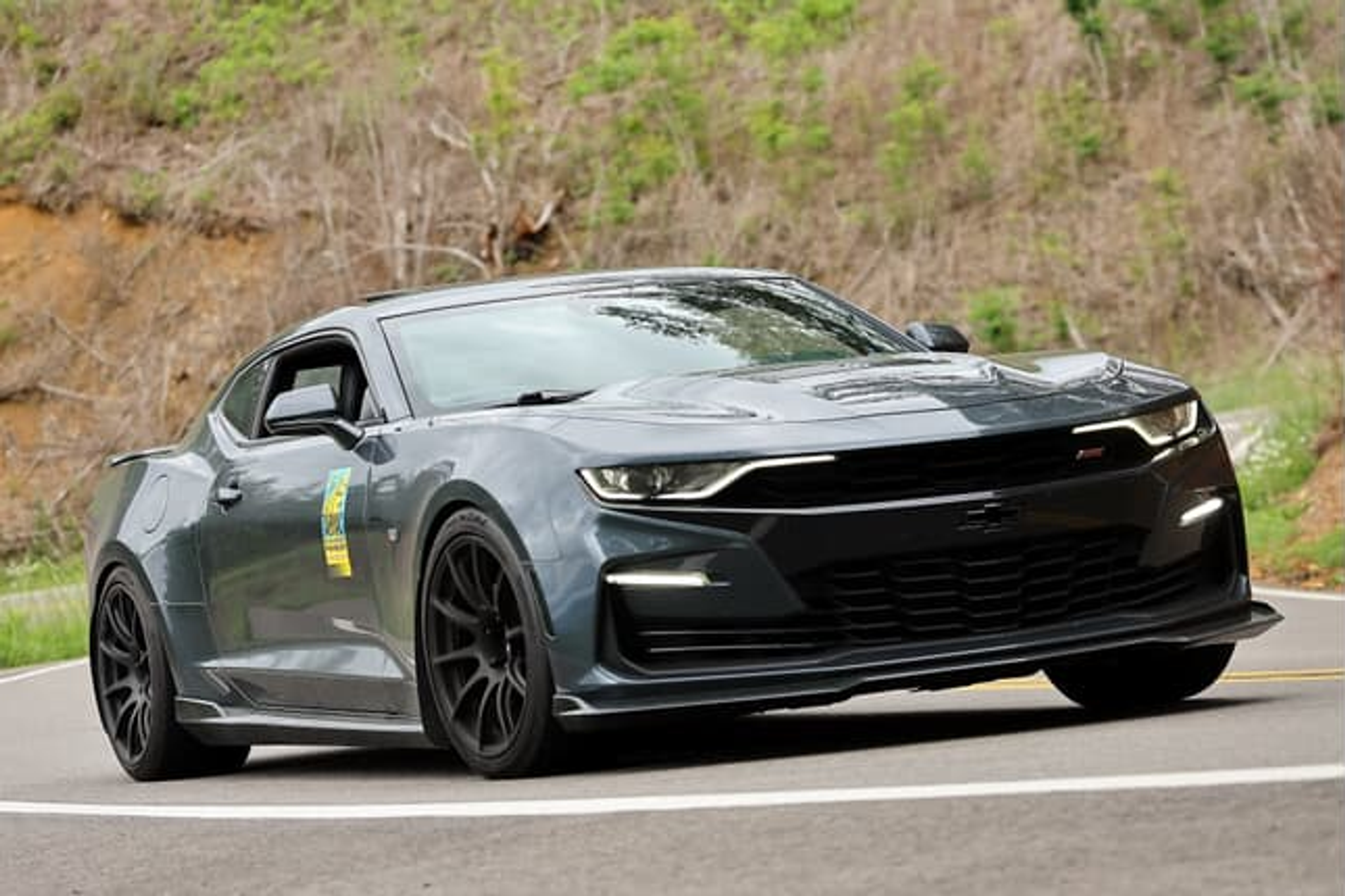 Grey Chevrolet 6th Gen Camaro SS with 19" SM-10 Apex wheels in Satin Black