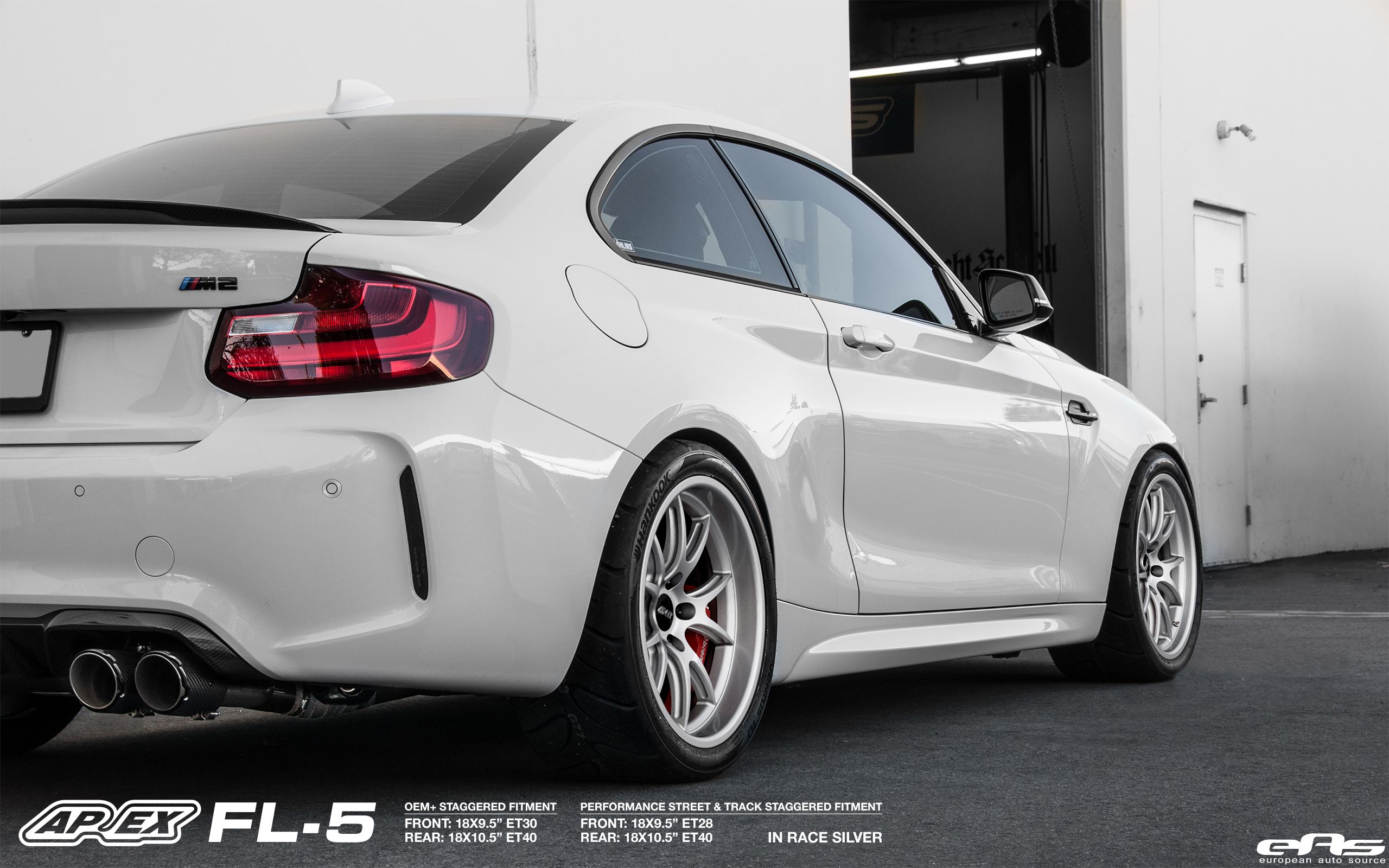 White BMW F87 M2 with 18" FL-5 Apex wheels in Race Silver