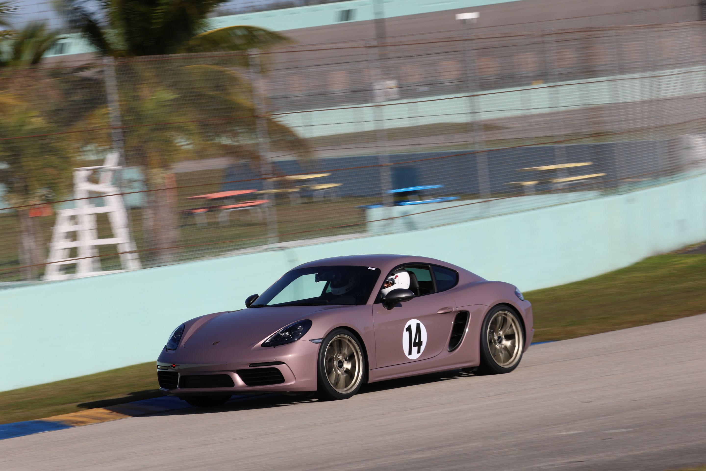 Pink Porsche 718 Cayman T with 20" VS-5RS Apex wheels in Motorsport Gold