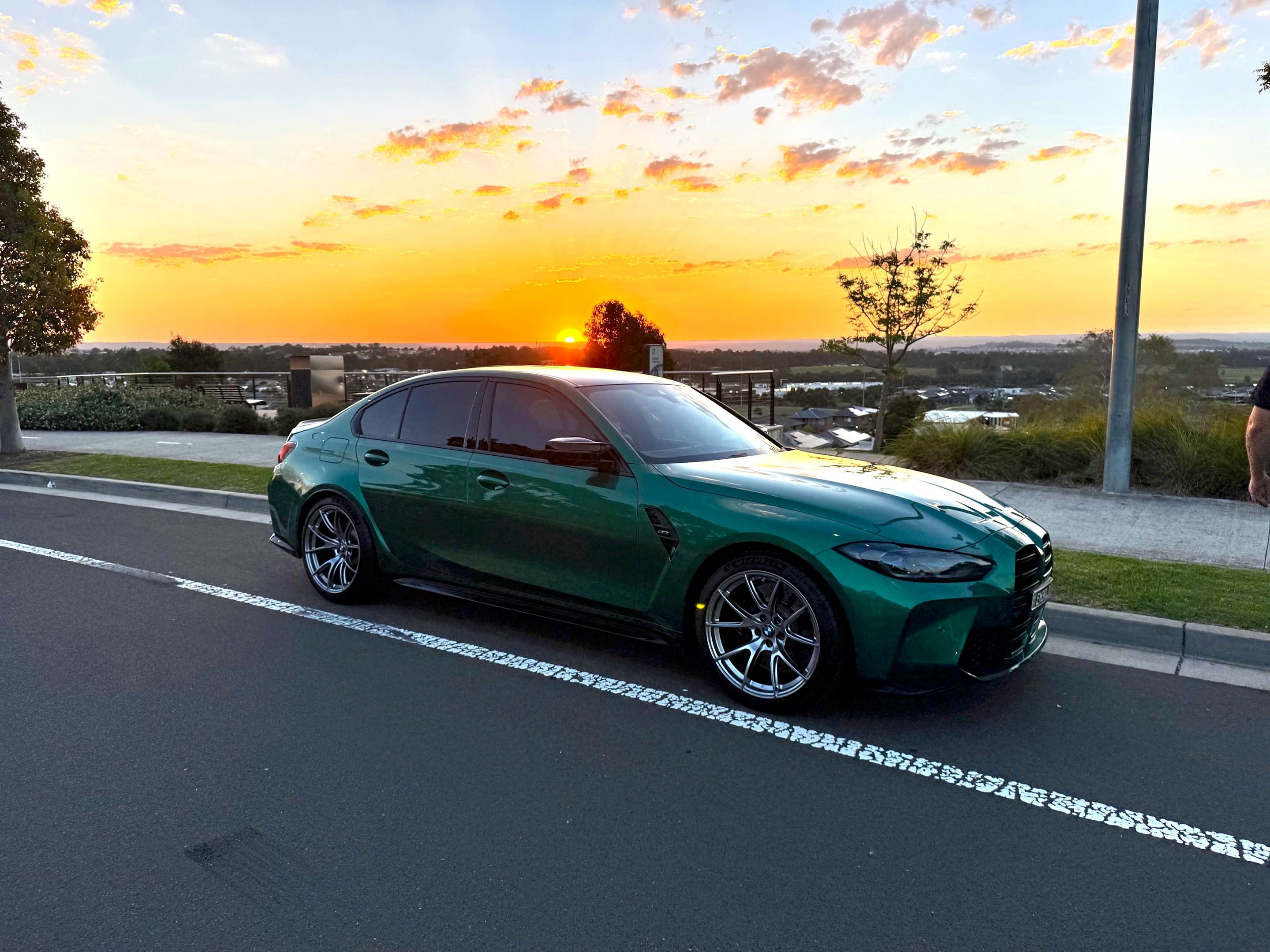 Green BMW G80 M3 with 19" VS-5 Apex wheels in Hyper Black