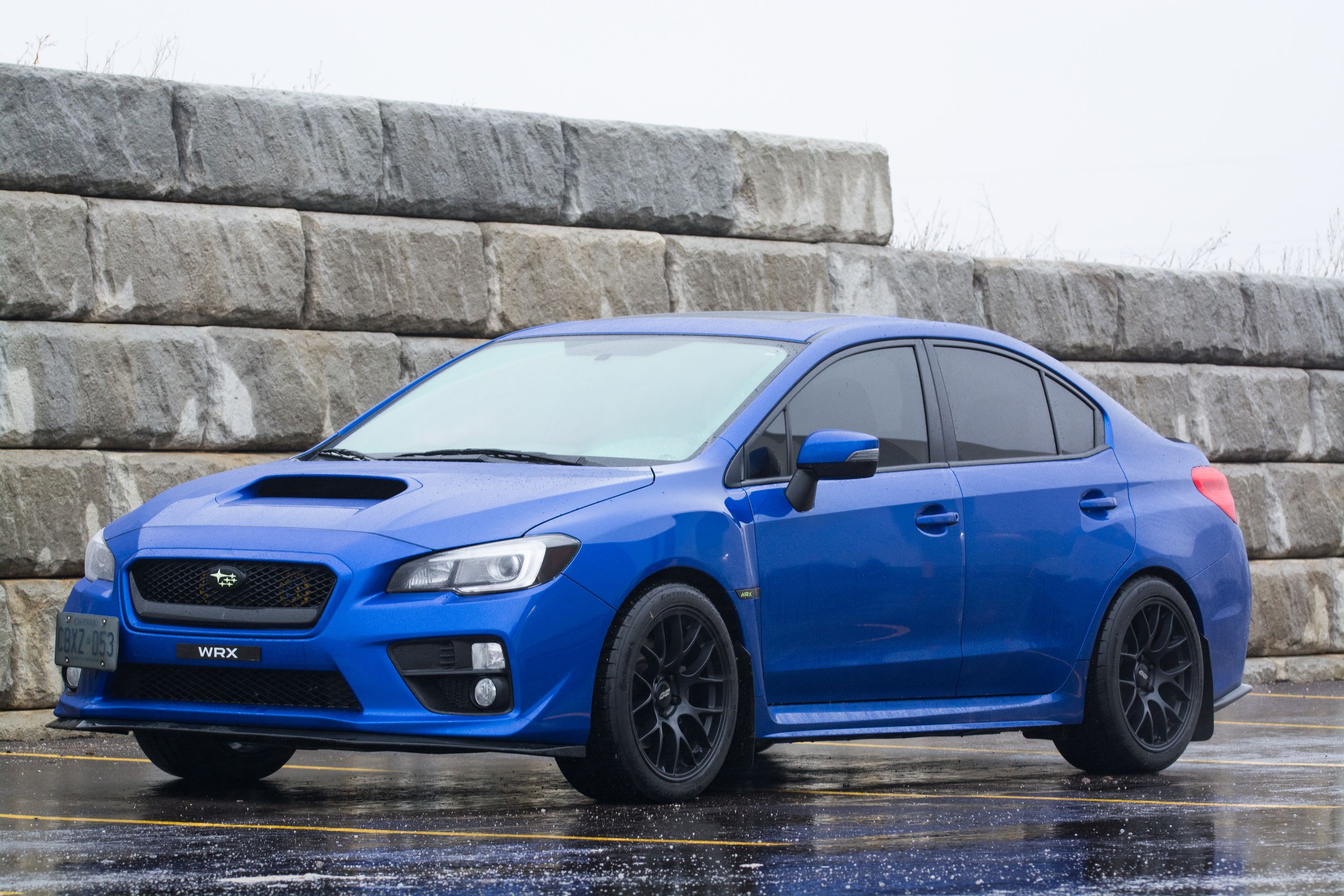 Blue Subaru VA WRX with 18" EC-7 Apex wheels in Satin Black
