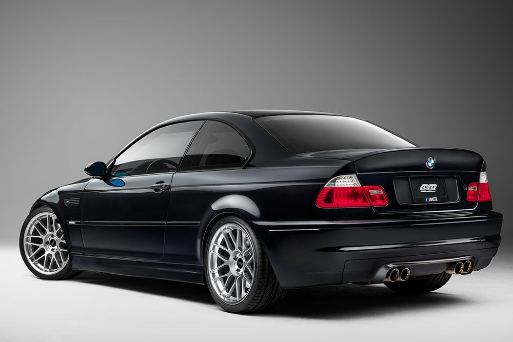 Blue BMW E46 M3 with 19" ARC-8 Apex wheels in Hyper Black