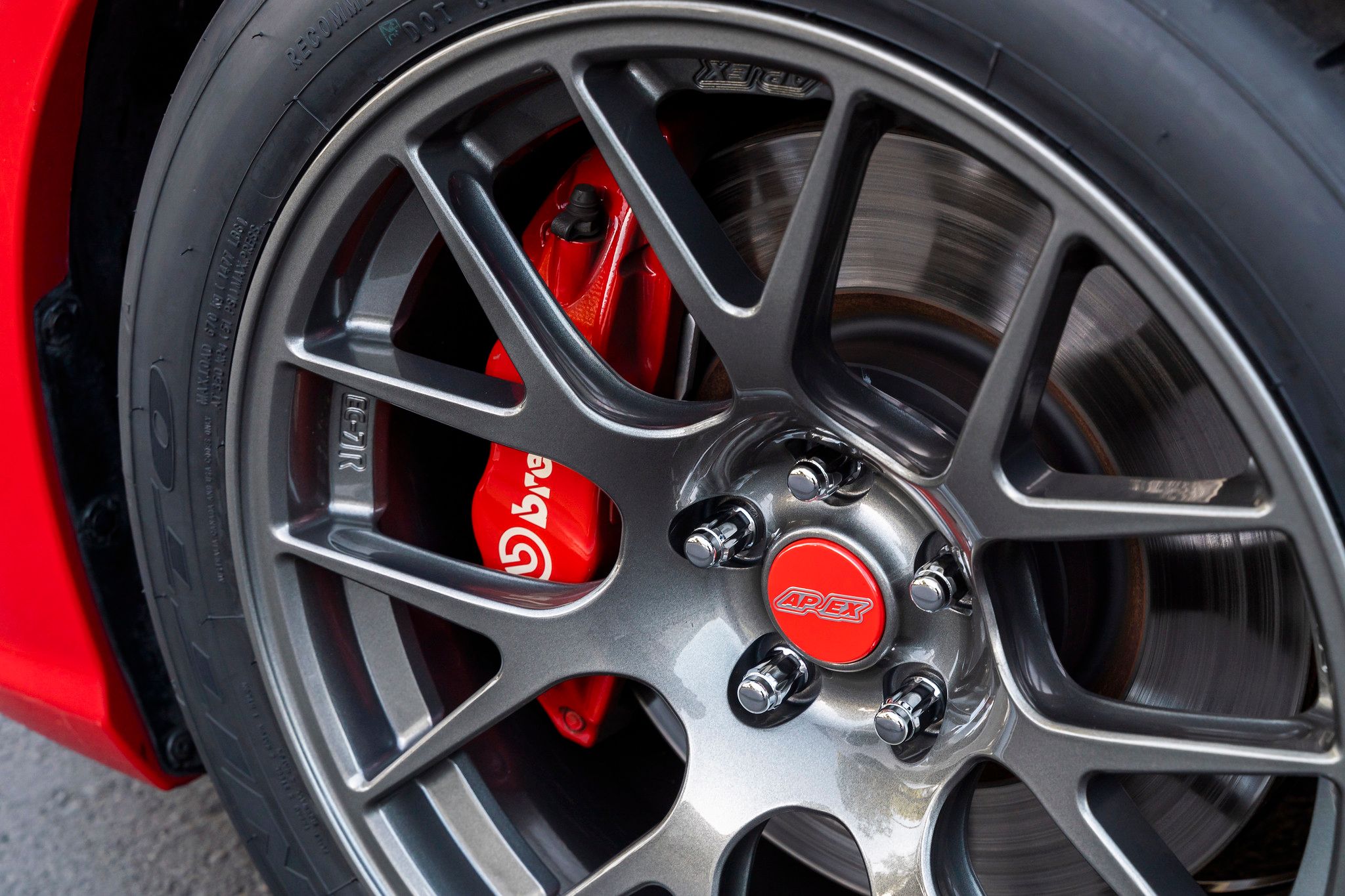 Red Subaru ZC6 / Gen 1 BRZ with 17" EC-7R Apex wheels in Anthracite