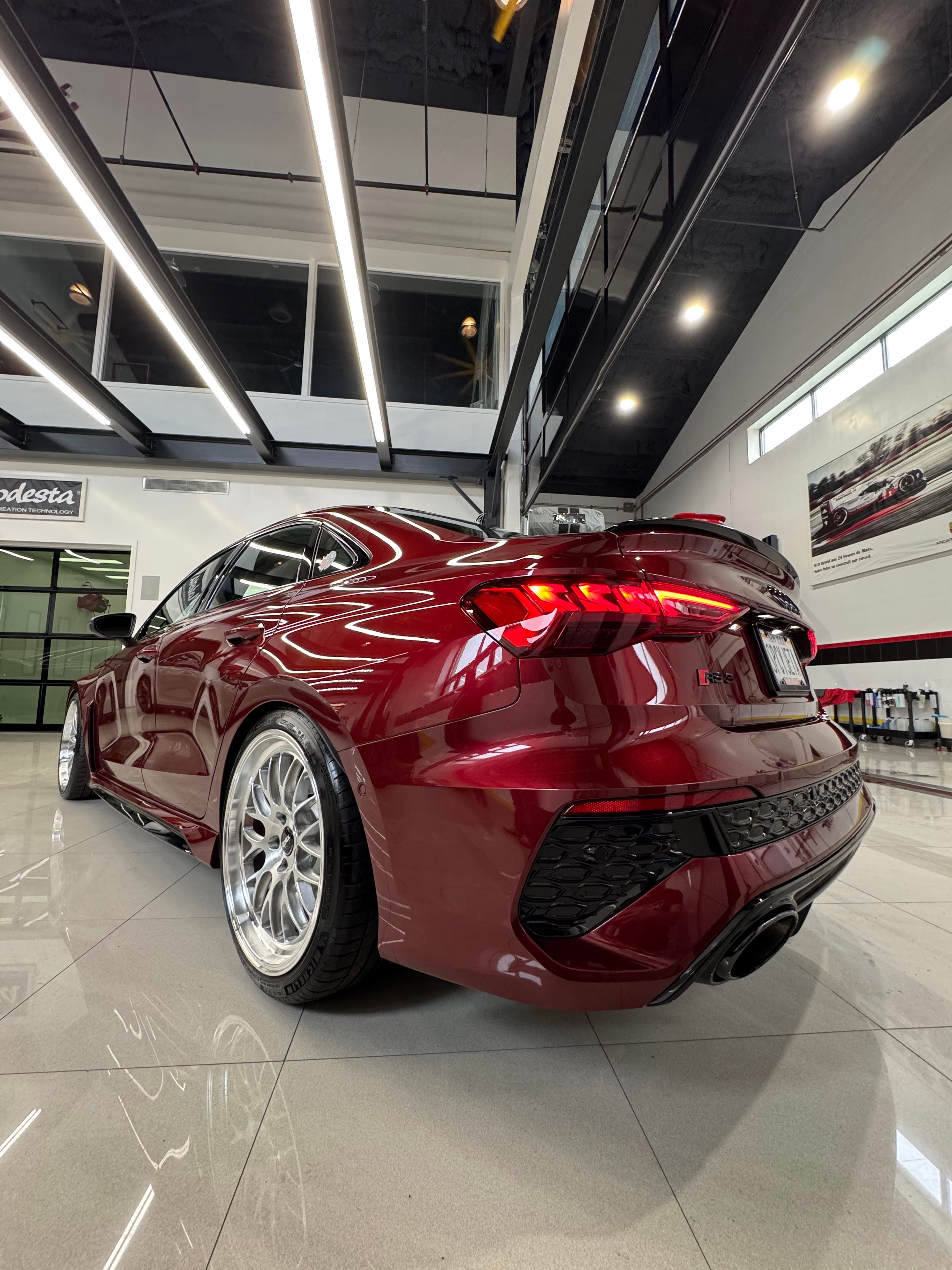 Red Audi 8Y RS 3 with 19" ML-10RT Apex wheels in Machined Lip Brushed Clear
