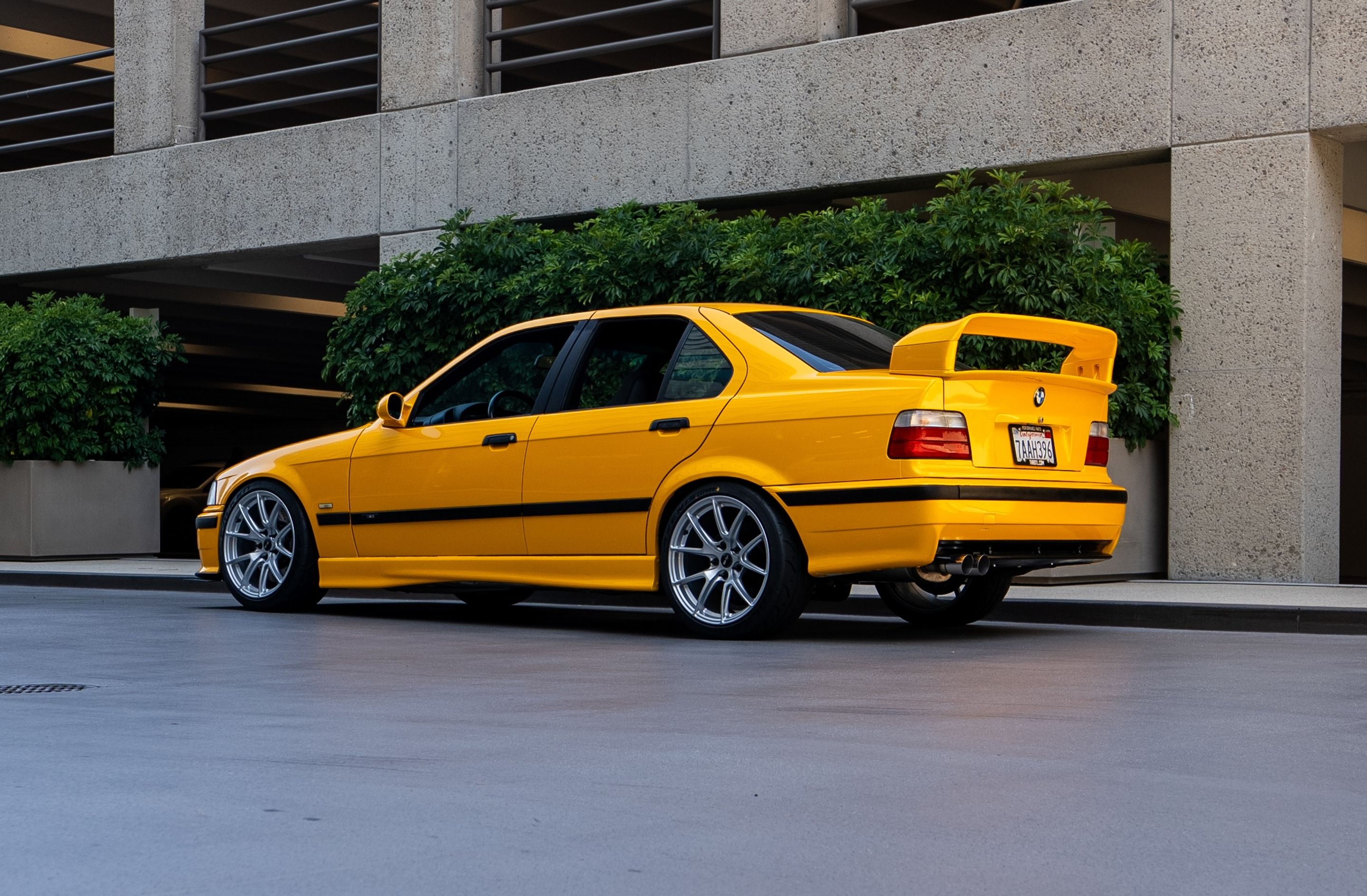 Yellow BMW E36 M3 with 18" VS-5 Apex wheels in Race Silver