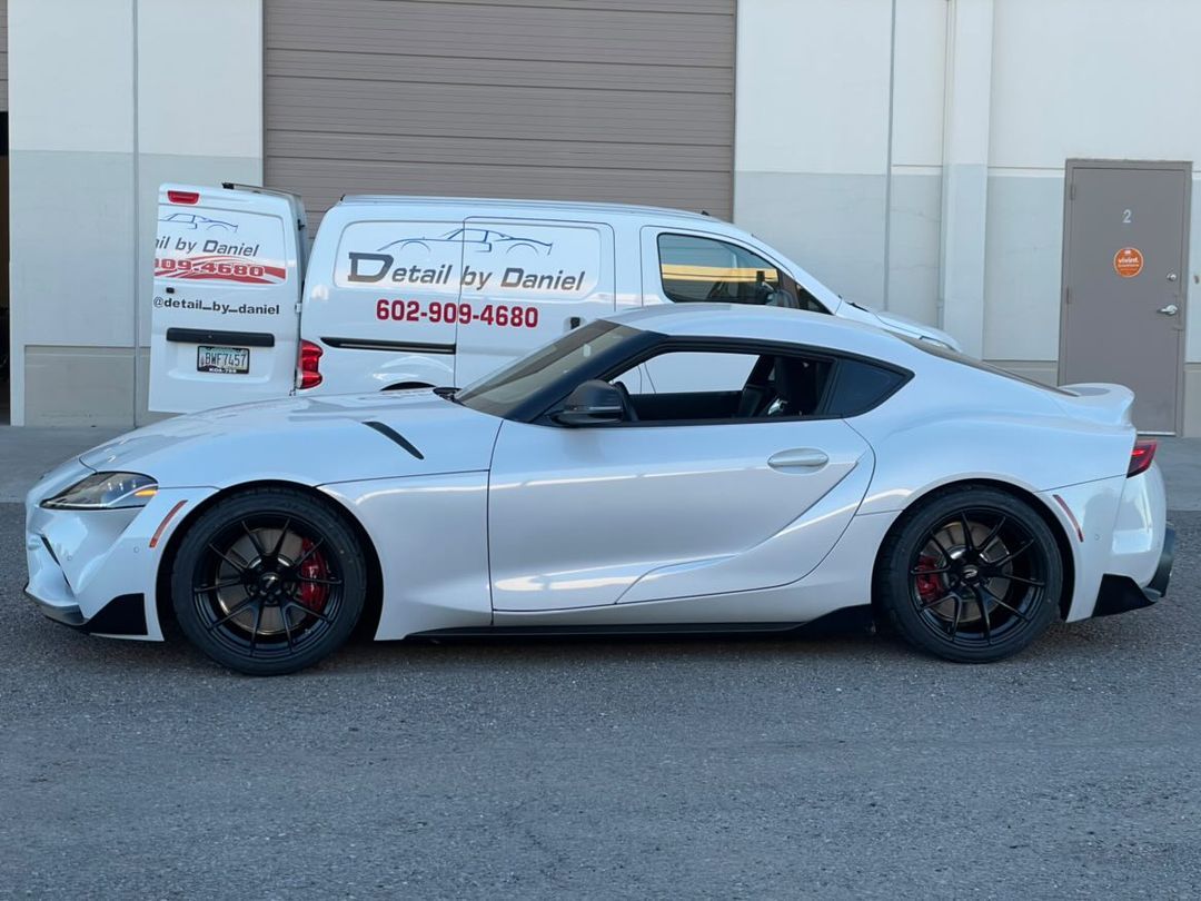 White Toyota GR Supra with 18" VS-5RS Apex wheels in Satin Black