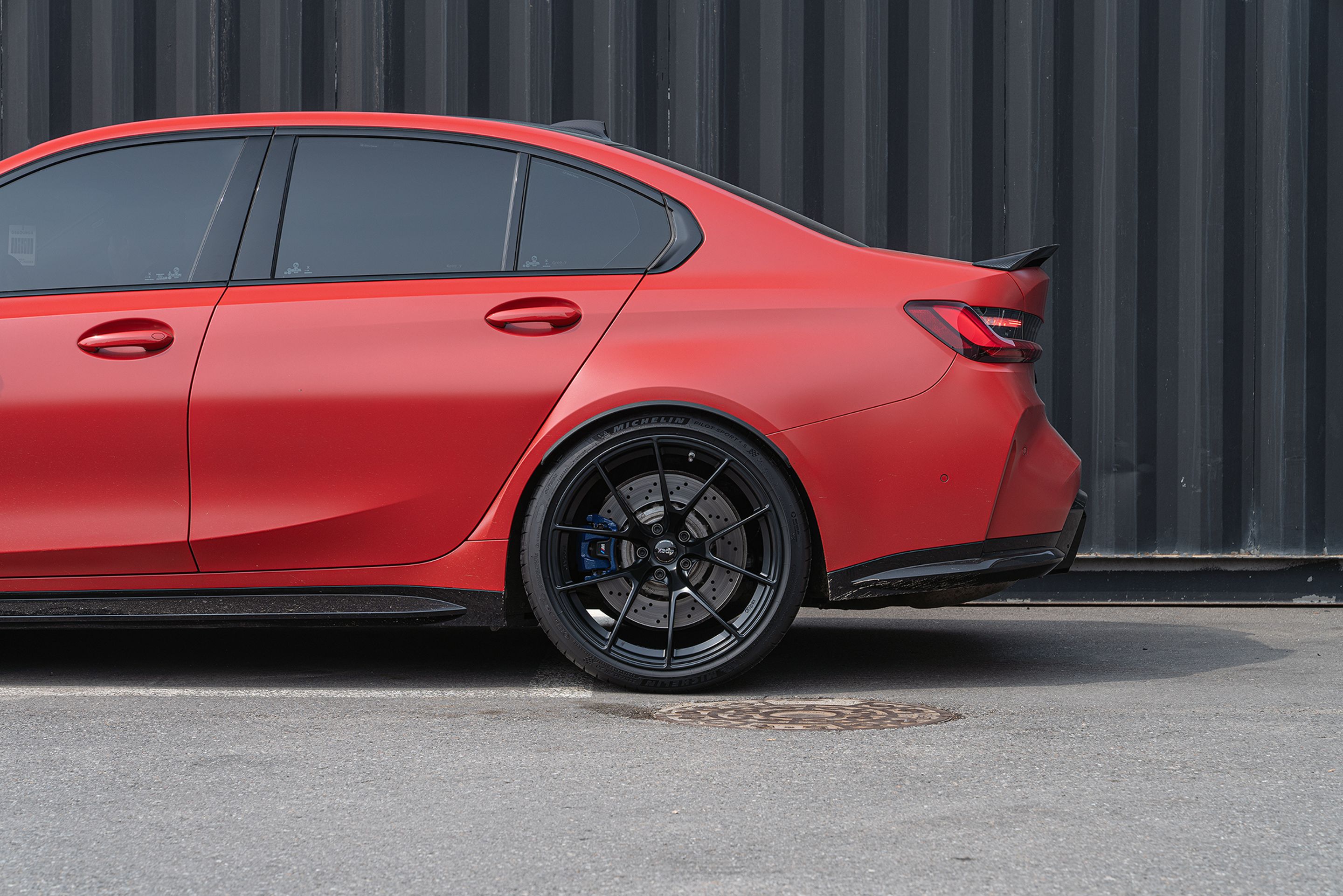Red BMW G80 M3 with 20" VS-5RS Apex wheels in Satin Black