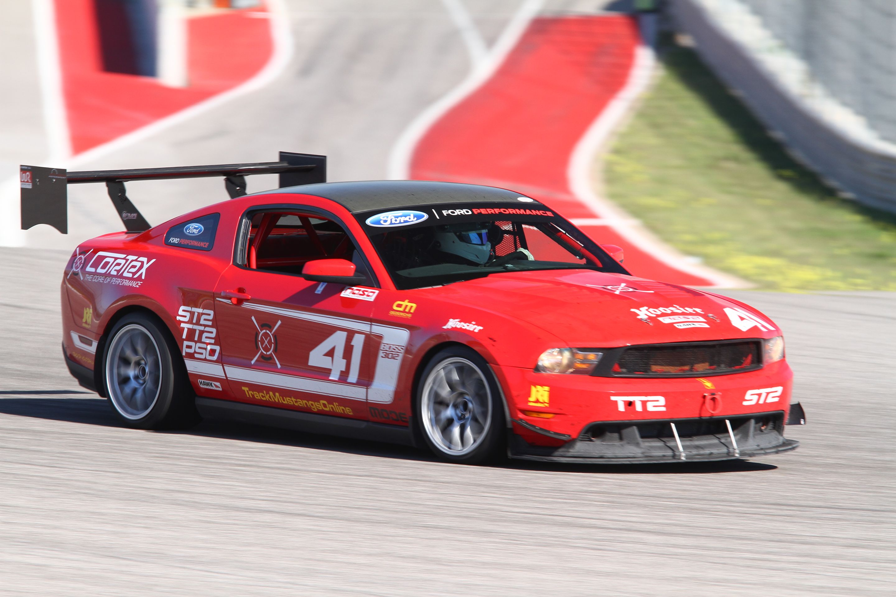 Red Ford S197 Mustang Boss 302 with 18" EC-7 Apex wheels in Race Silver