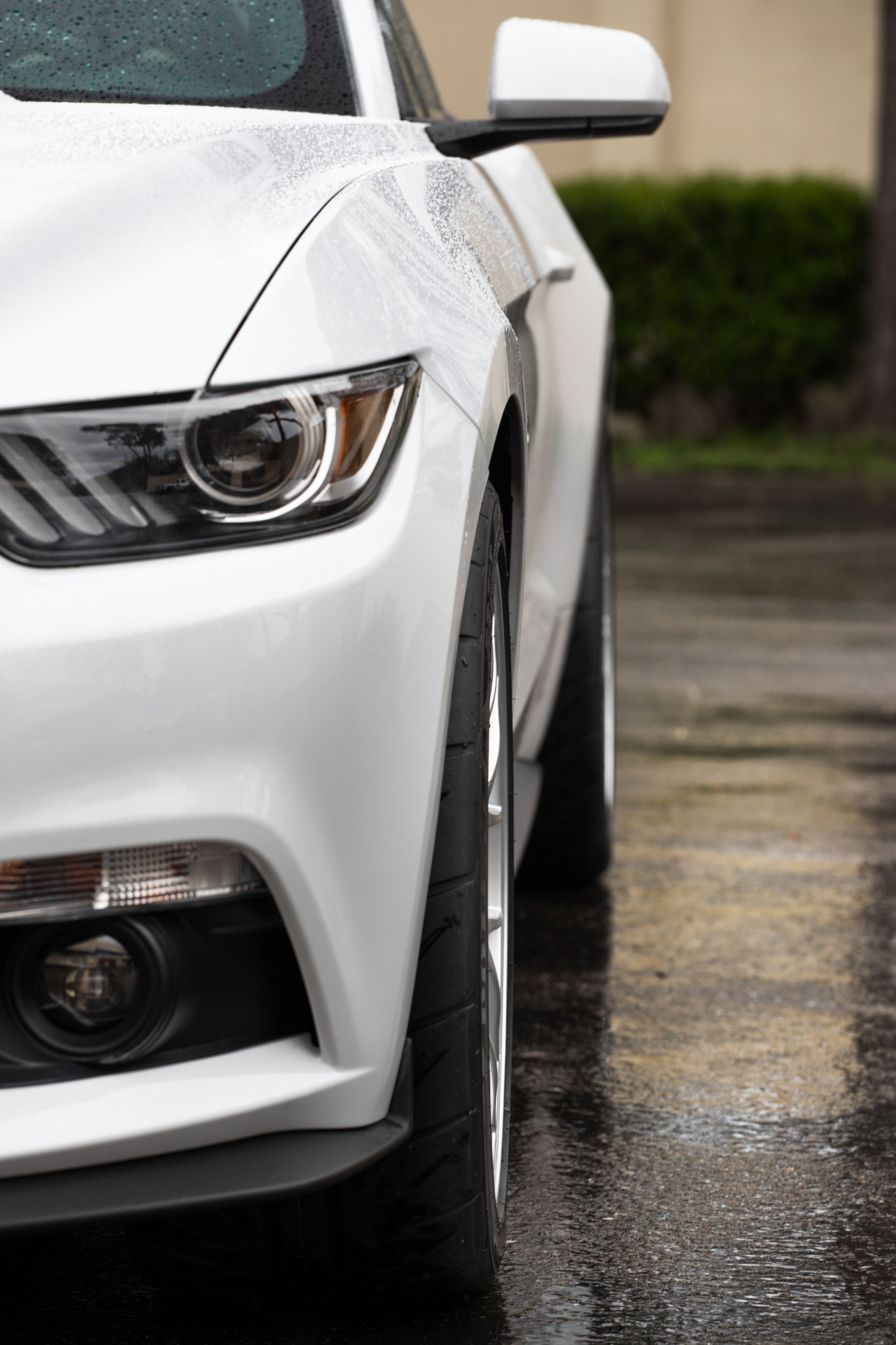 White Ford S550 Mustang GT with 19" EC-7 Apex wheels in Race Silver
