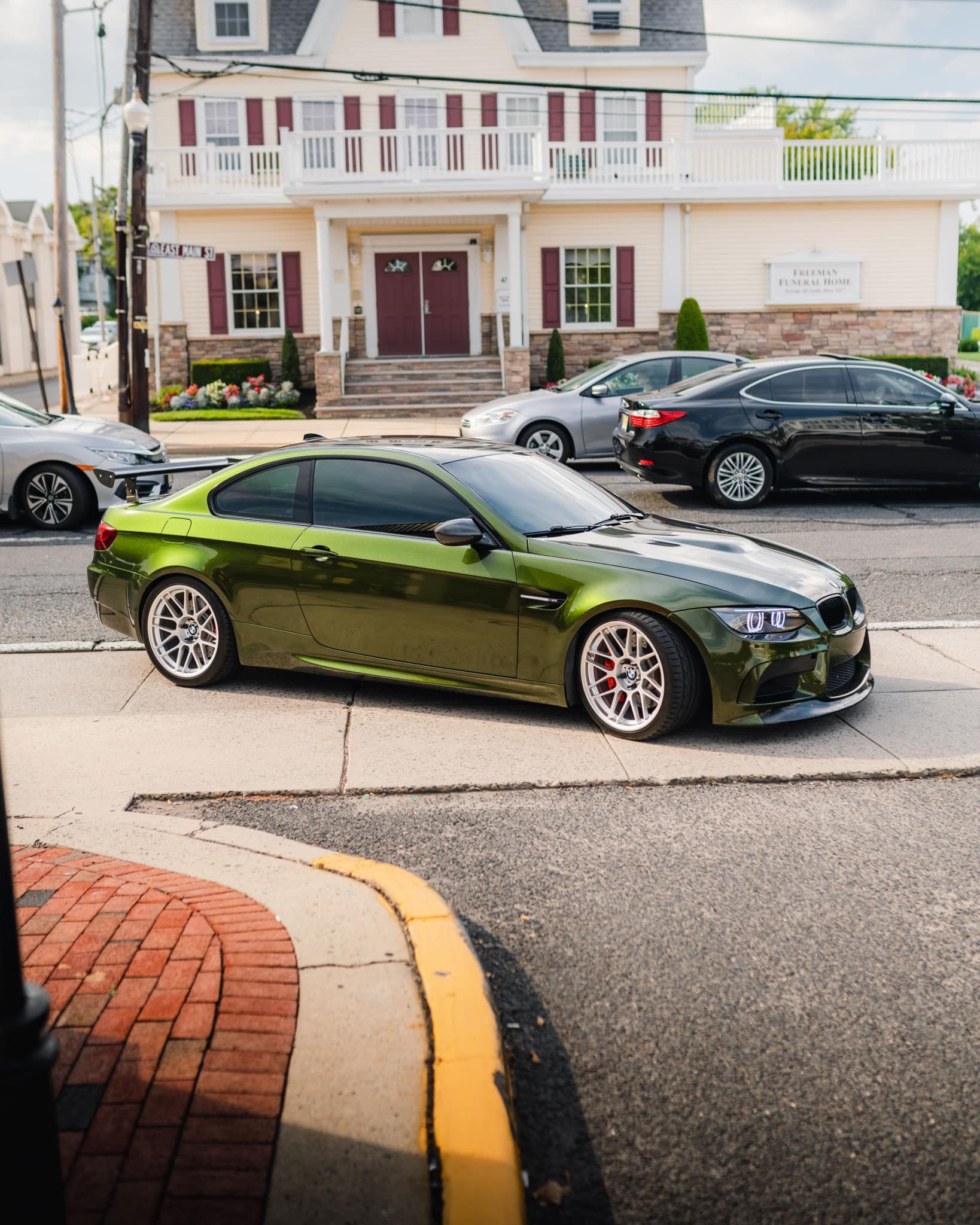 Green BMW E92 Coupe M3 with 19" ARC-8 Apex wheels in Hyper Silver