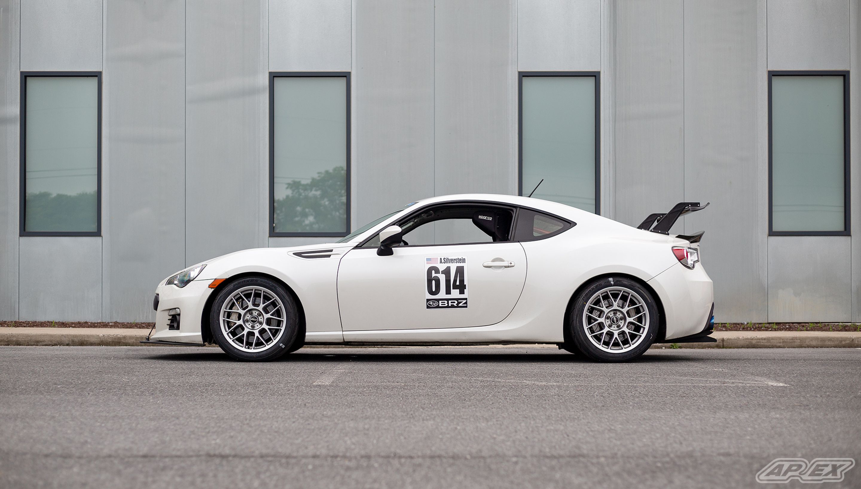 White Subaru ZC6 / Gen 1 BRZ with 17" ARC-8 Apex wheels in Race Silver
