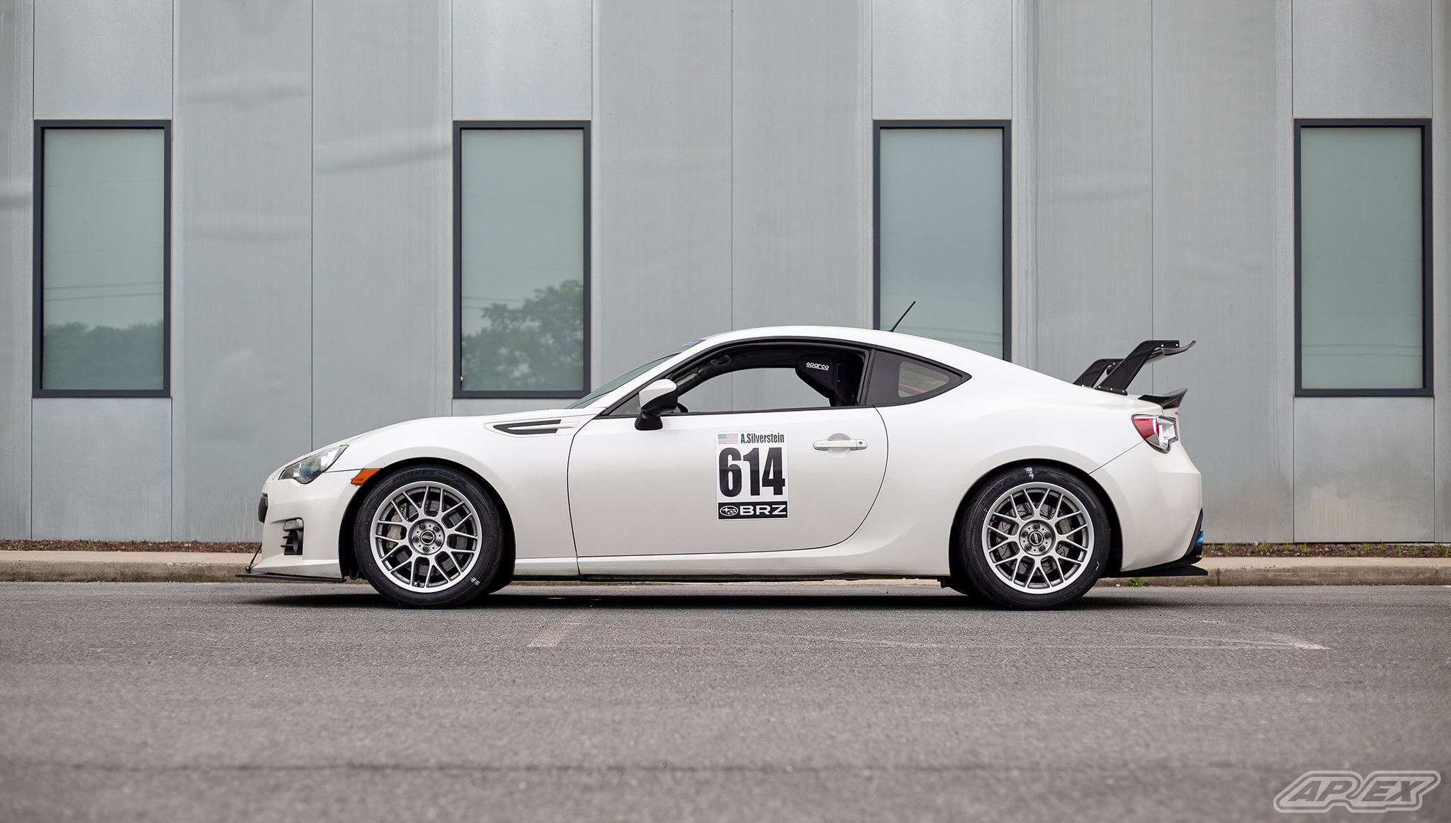 White Subaru ZC6 / Gen 1 BRZ with 17" ARC-8 Apex wheels in Race Silver