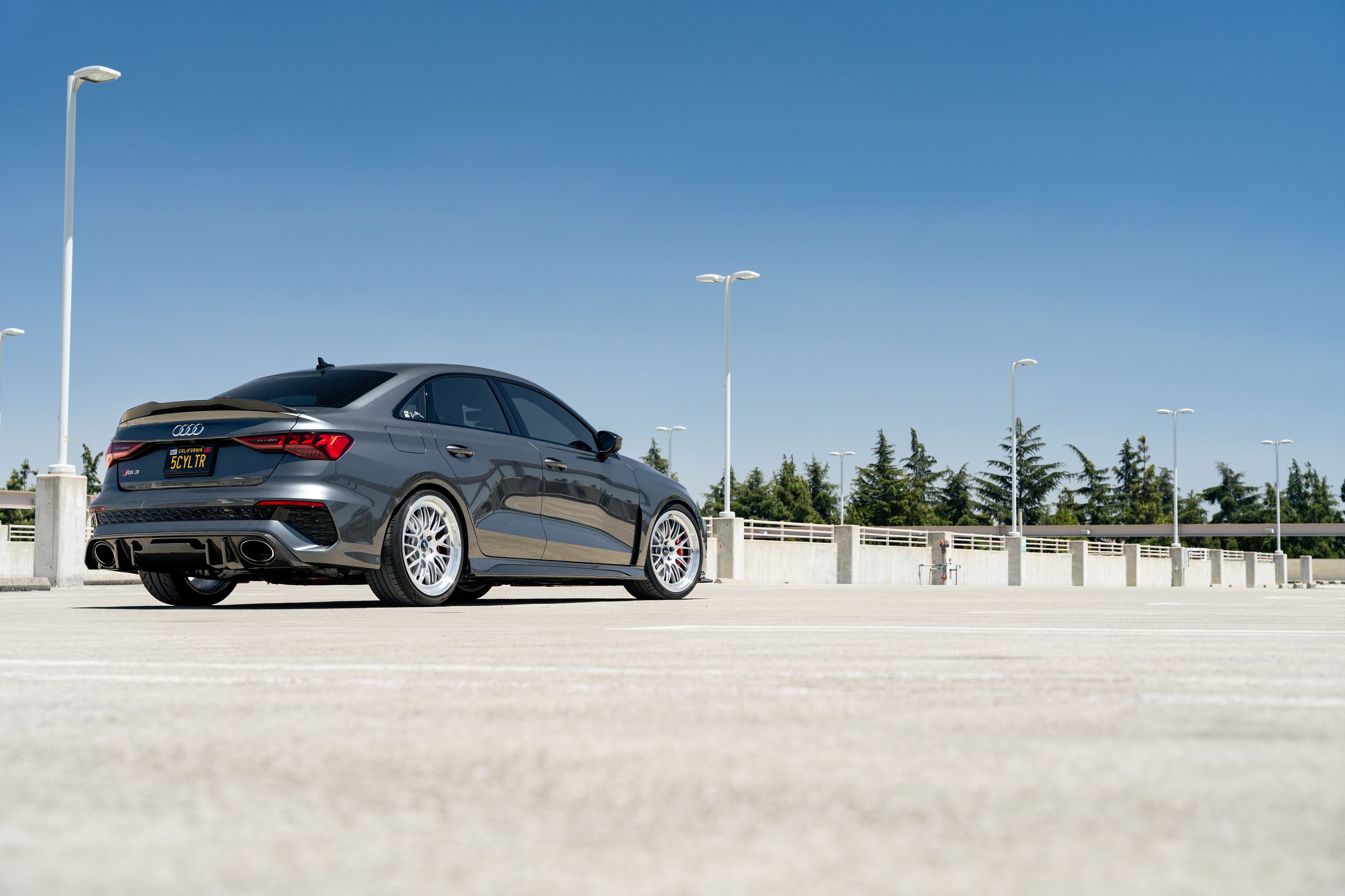 Grey Audi 8Y RS 3 with 19" ML-10RT Apex wheels in Machined Lip Race Silver