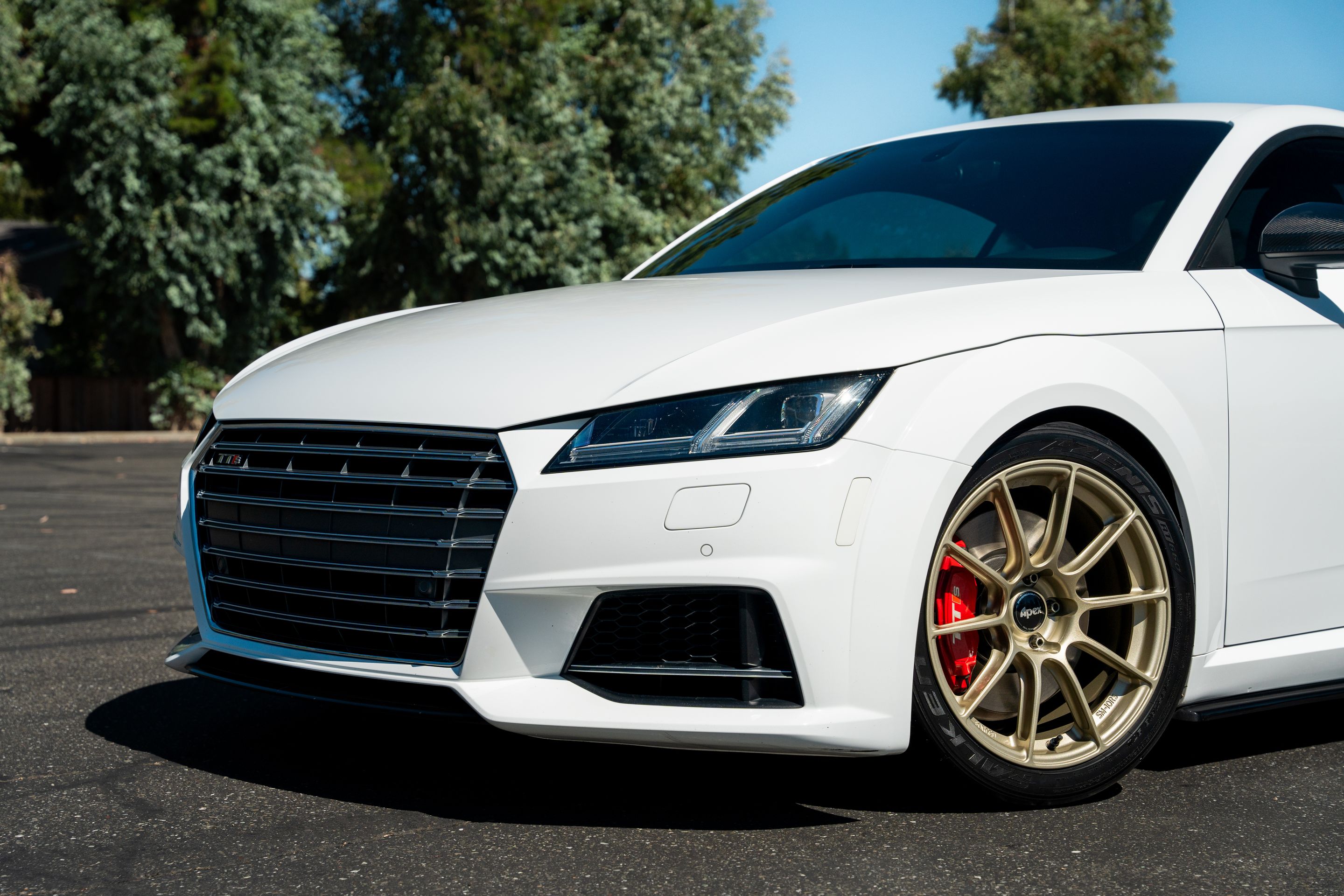 White Audi 8S TTS with 18" SM-10RS Apex wheels in Motorsport Gold