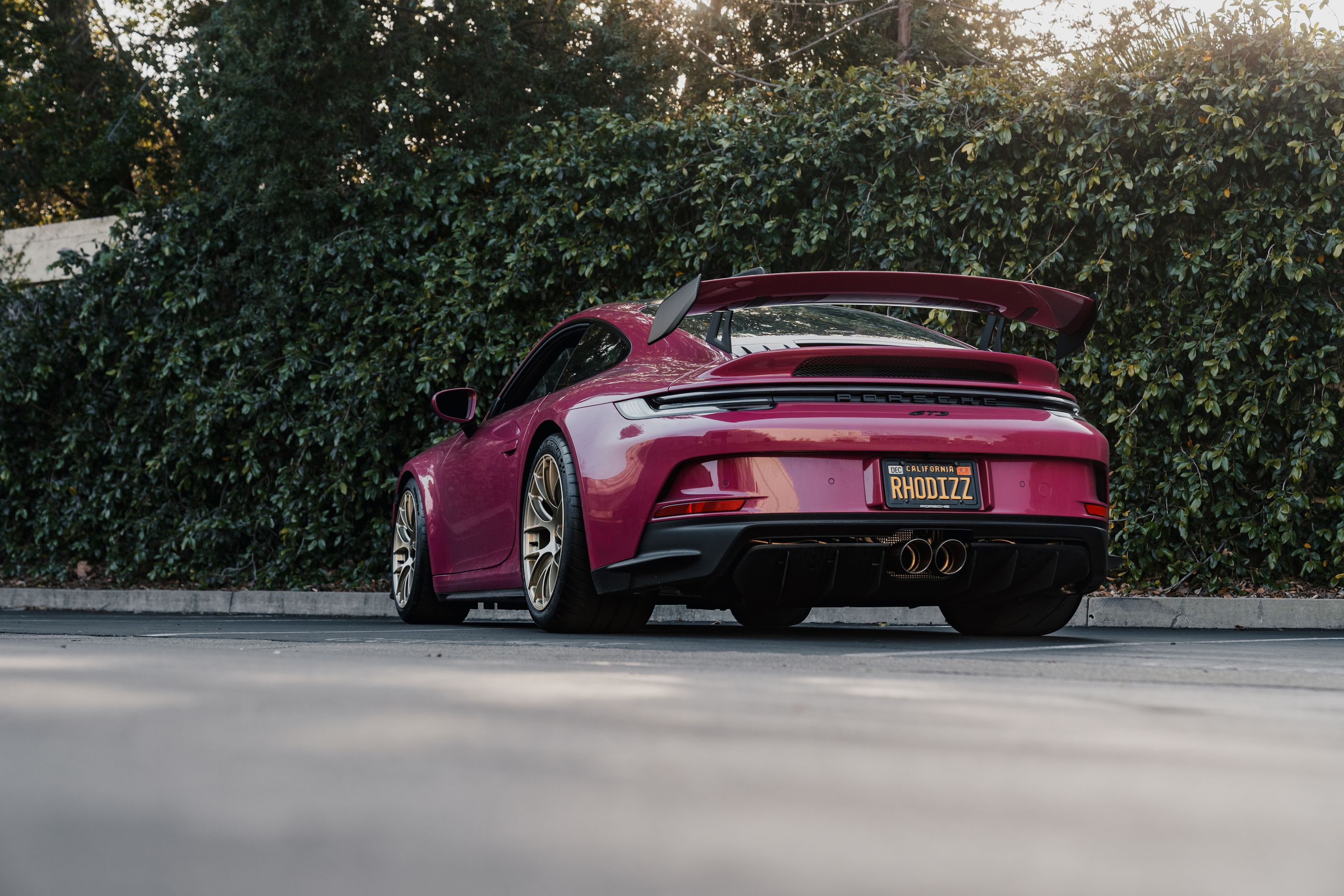 Pink Porsche 911 992.1 GT3 with 19" EC-7RS Apex wheels in Motorsport Gold