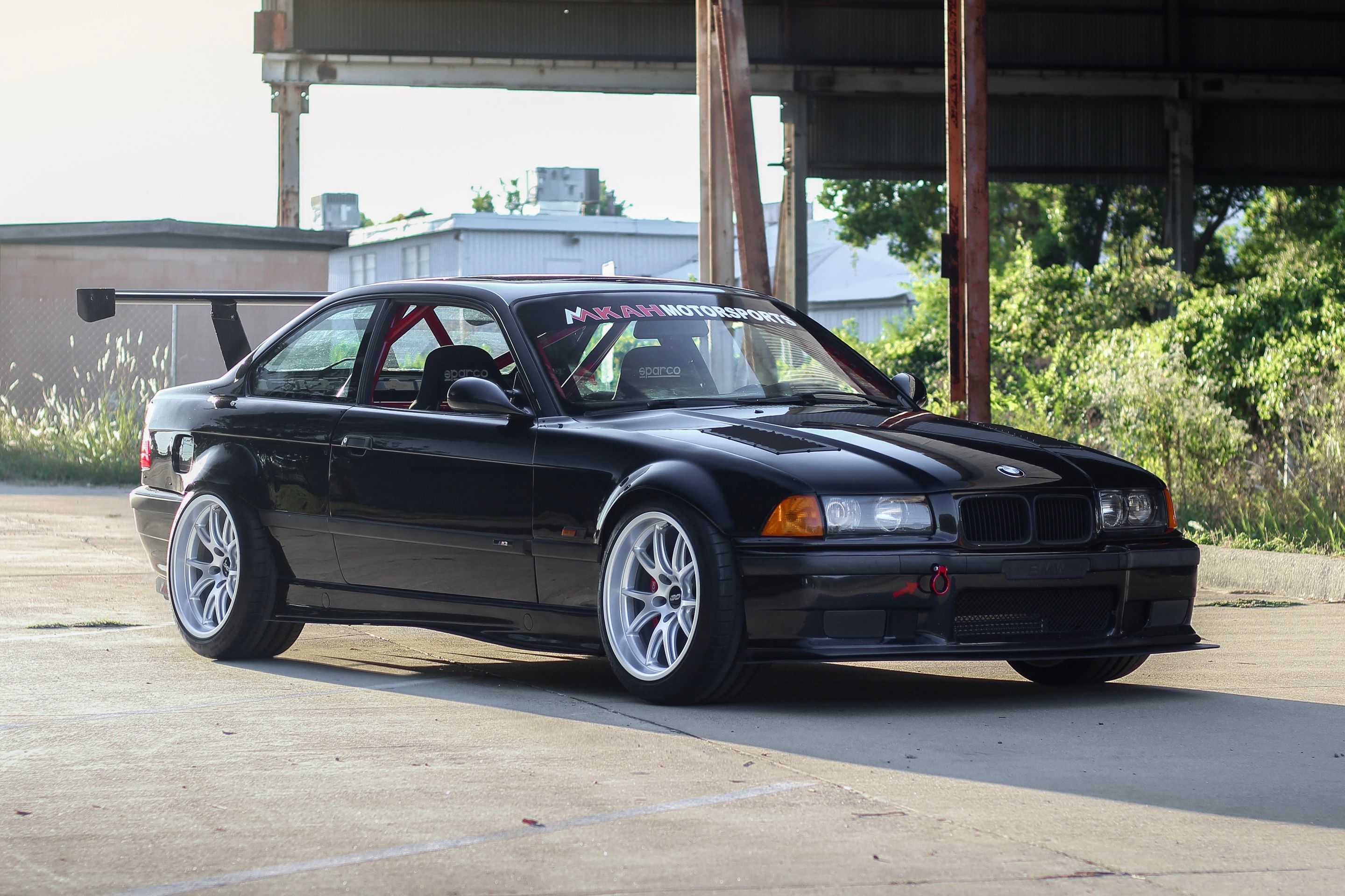 Black BMW E36 M3 with 18" FL-5 Apex wheels in Race Silver