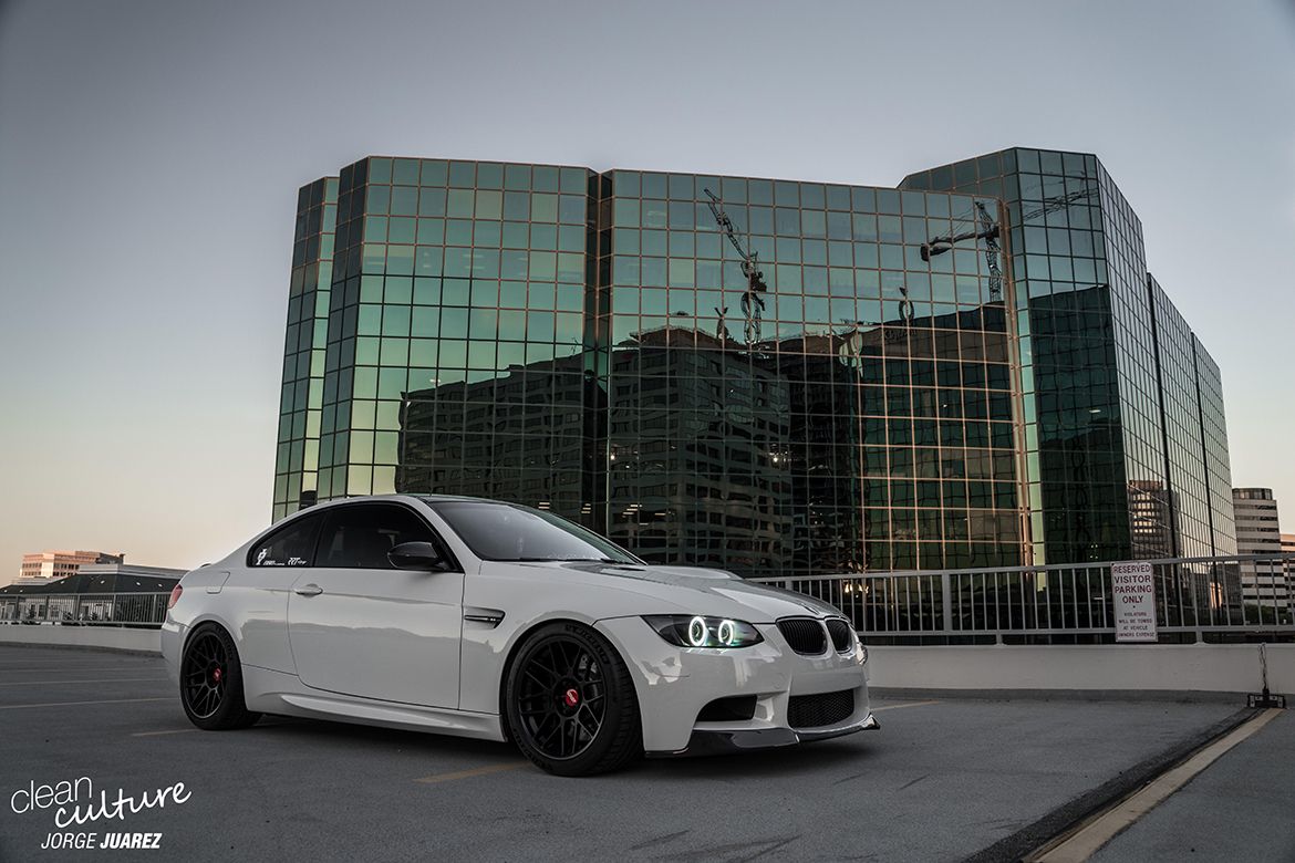 White BMW E92 Coupe M3 with 18" ARC-8 Apex wheels in Satin Black