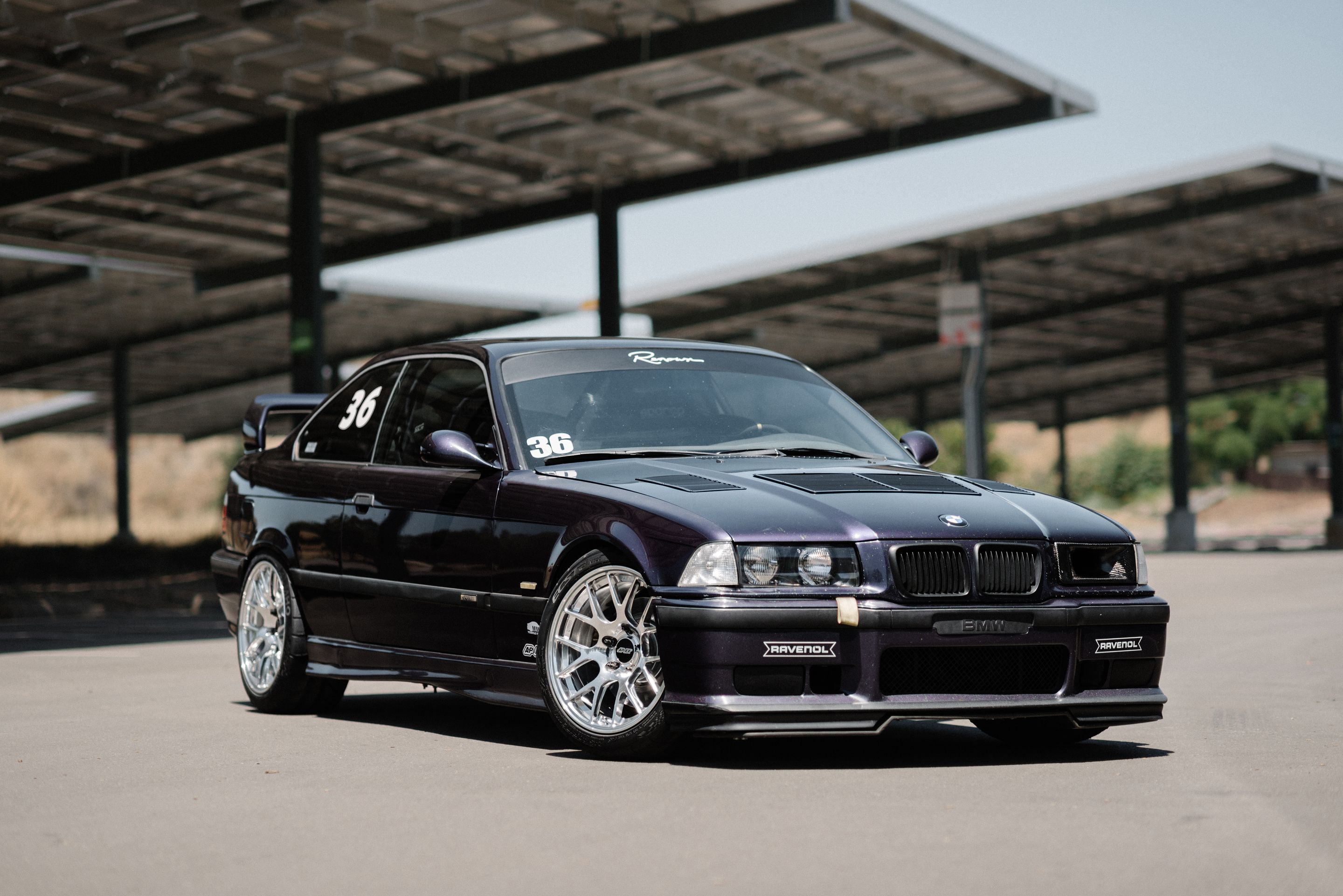 Purple BMW E36 M3 with 17" EC-7R Apex wheels in Polished