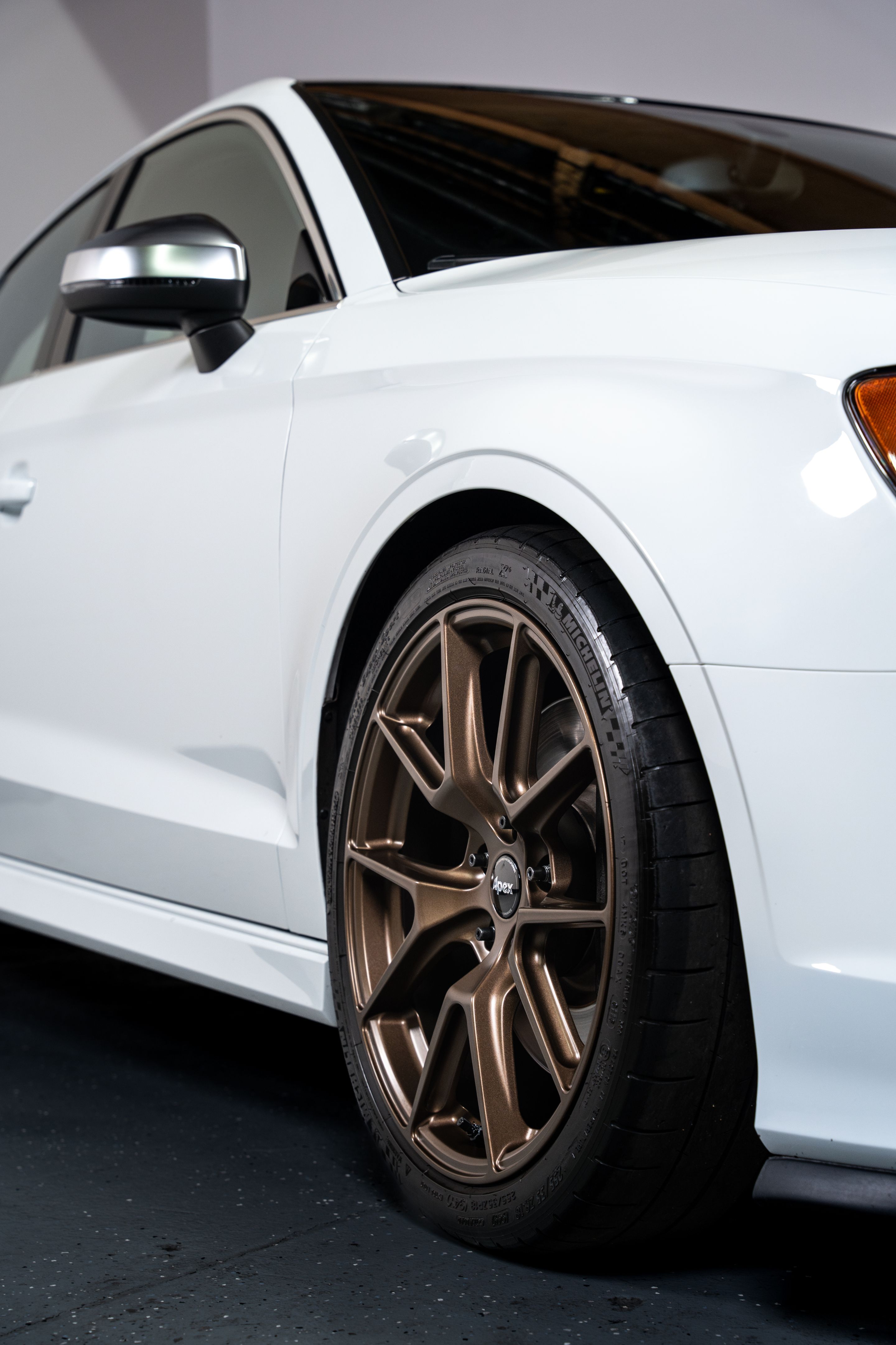 White Audi 8V S3 with 18" VS-5 Apex wheels in Satin Bronze