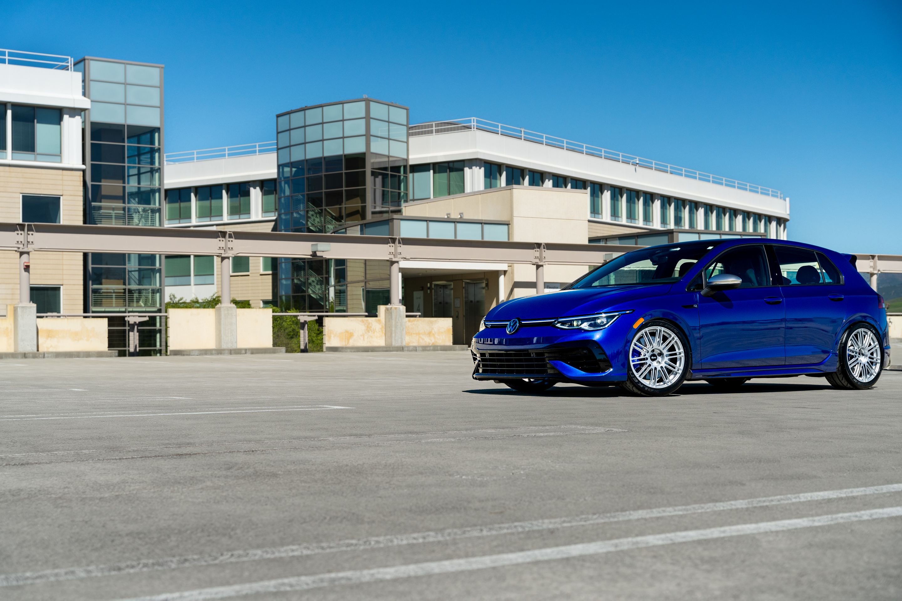 Blue VW MK8 Golf R with 18" TC-10RT Apex wheels in Race Silver