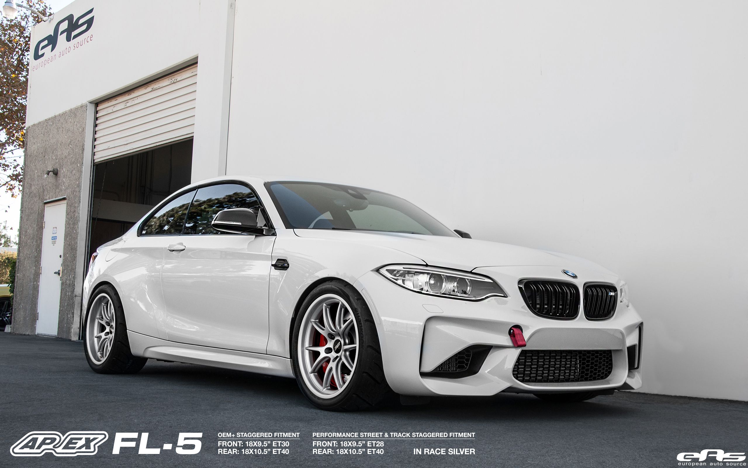 White BMW F87 M2 with 18" FL-5 Apex wheels in Race Silver