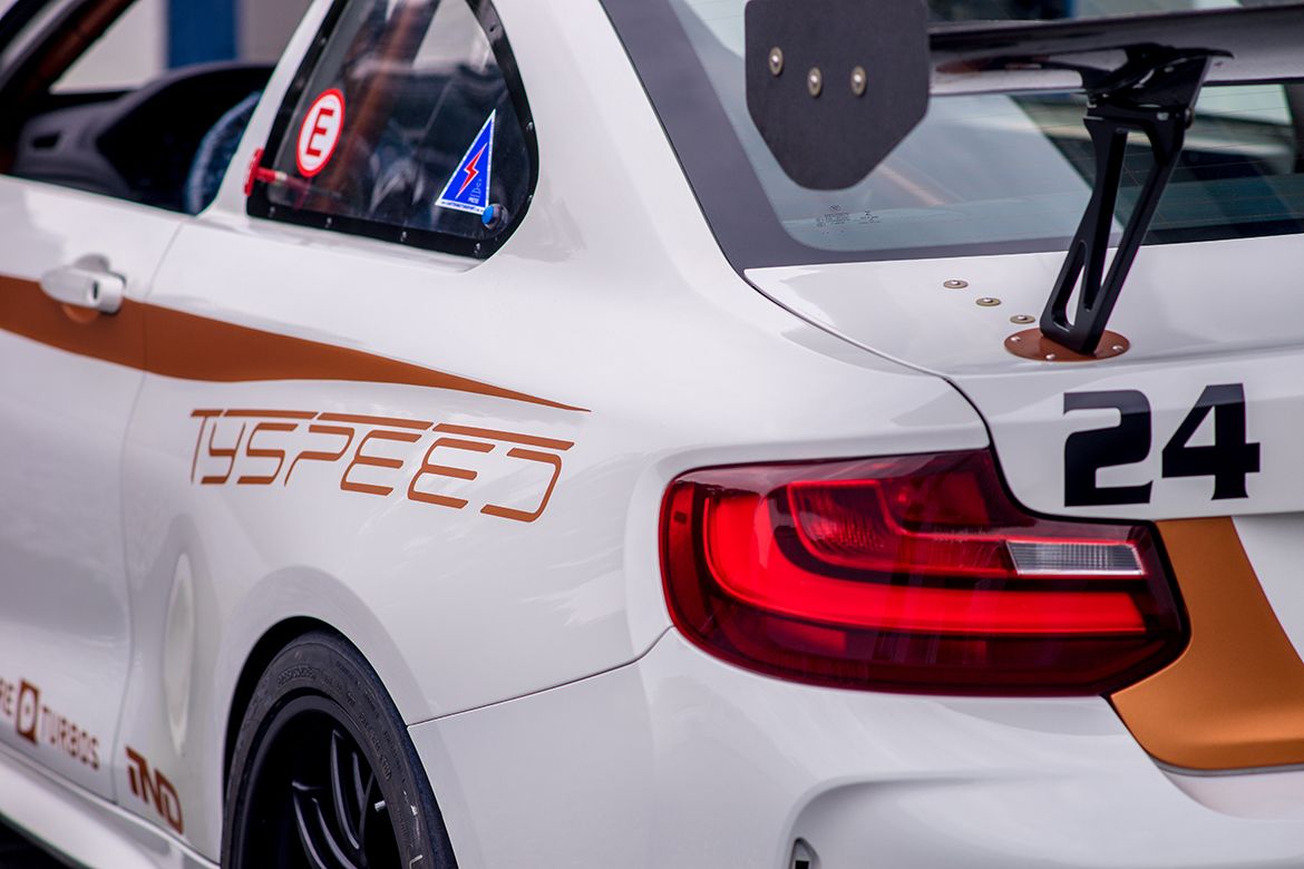 White BMW F87 M2 with 18" FL-5 Apex wheels in Satin Black