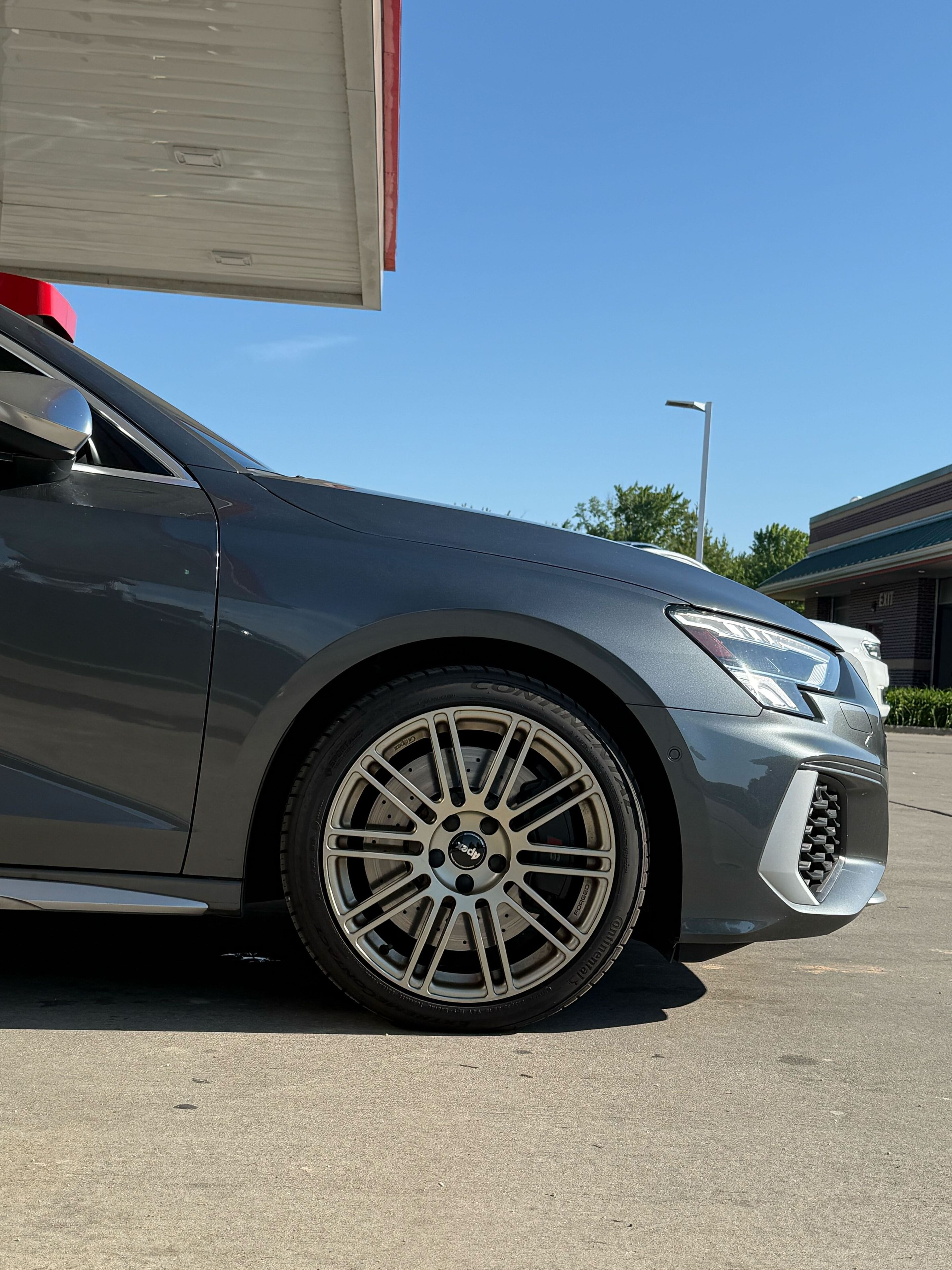 Grey Audi 8Y S3 with 18" TC-10RT Apex wheels in Motorsport Gold