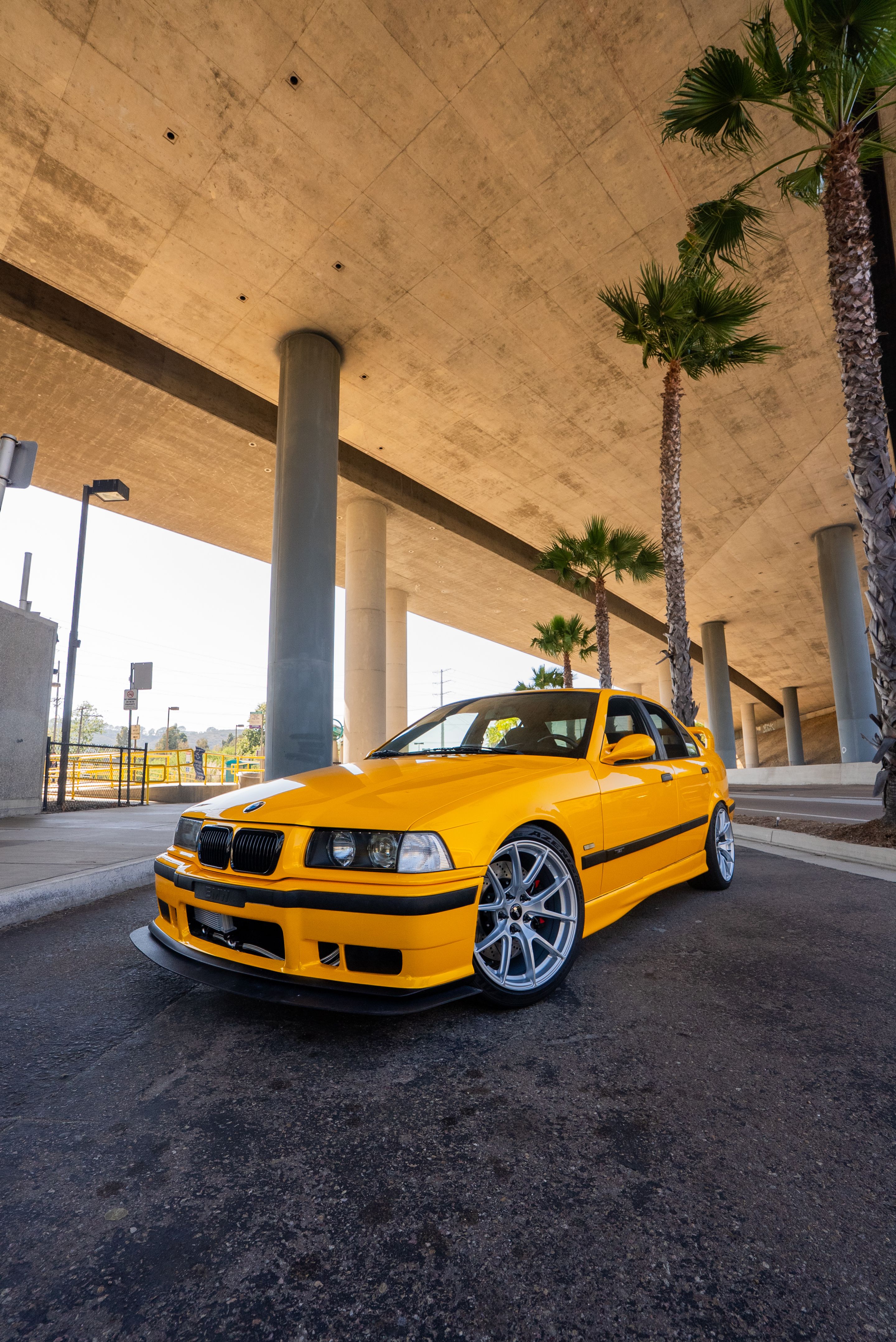 Yellow BMW E36 M3 with 18" VS-5 Apex wheels in Race Silver
