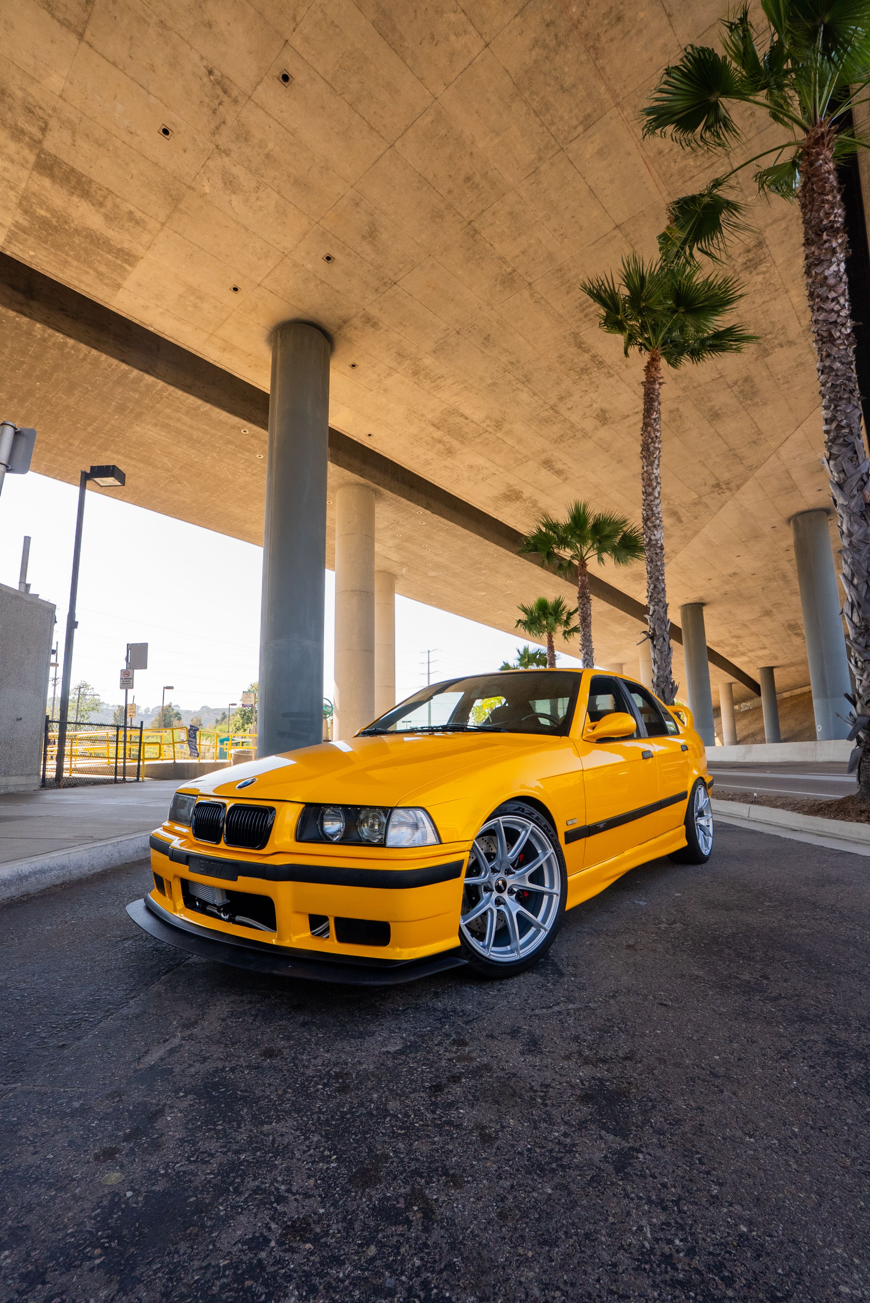 Yellow BMW E36 M3 with 18" VS-5 Apex wheels in Race Silver