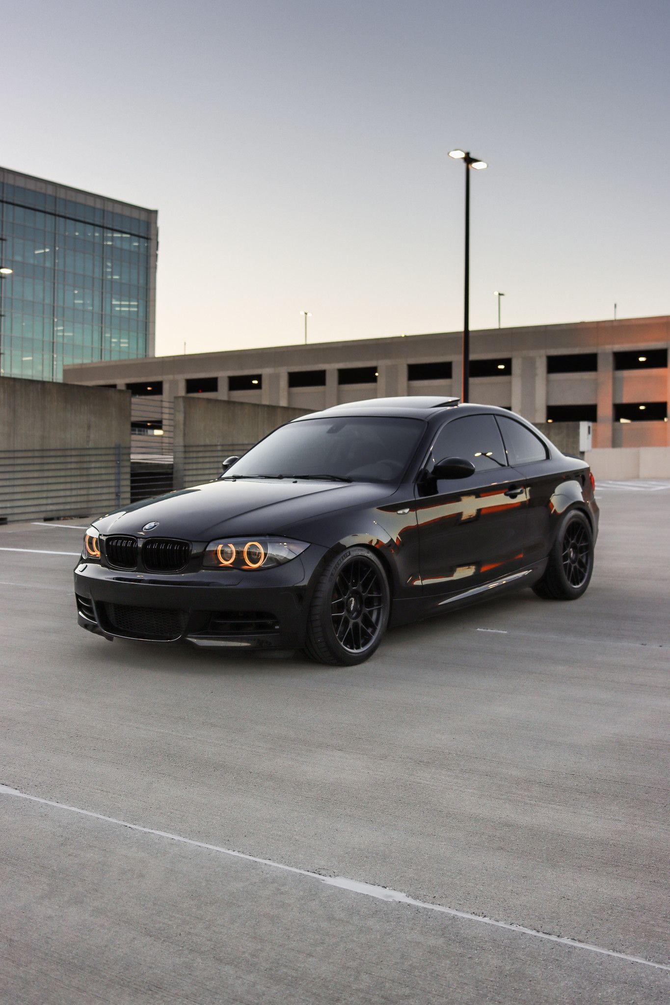 Black BMW E82 Coupe 1 Series with 18" ARC-8 Apex wheels in Satin Black