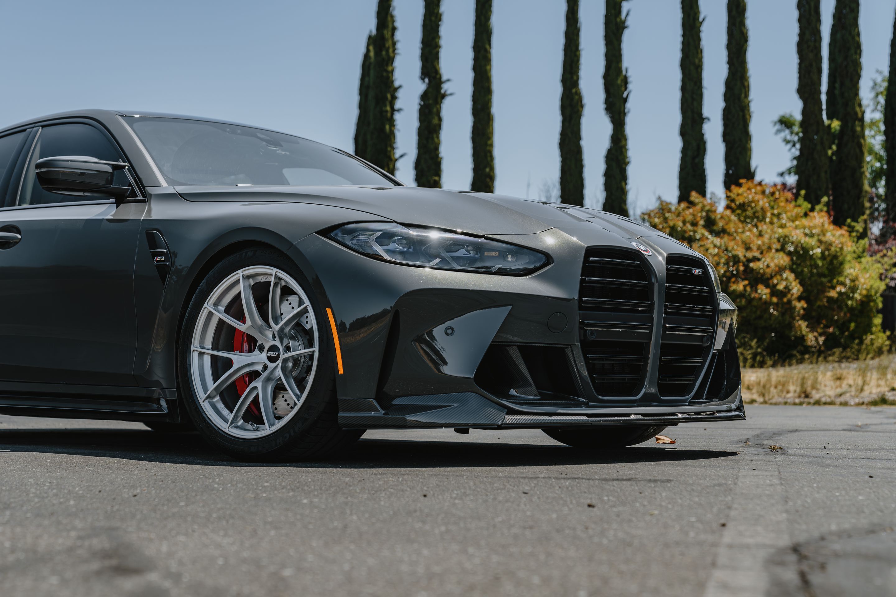 Grey BMW G80 M3 with 19" VS-5RS Apex wheels in Brushed Clear