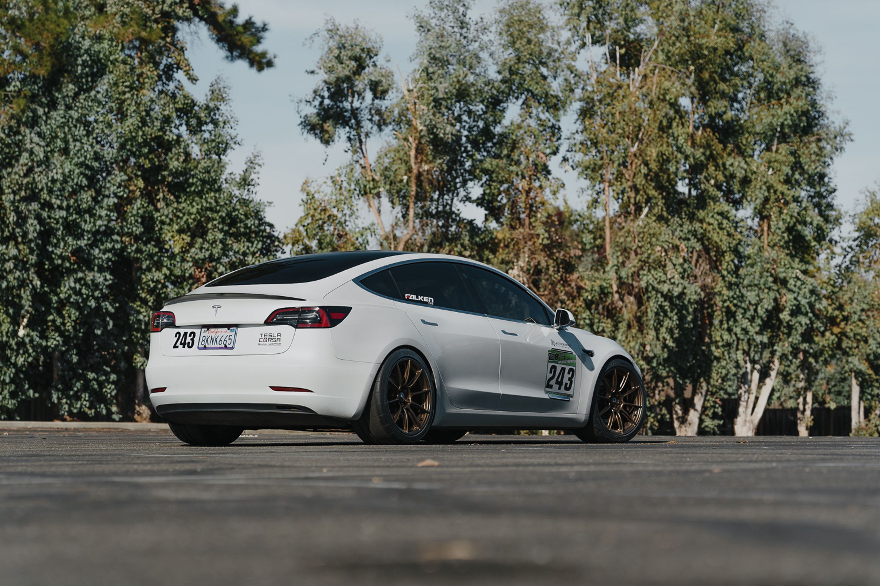 White Tesla Model 3 with 19" SM-10RS Apex wheels in Satin Bronze