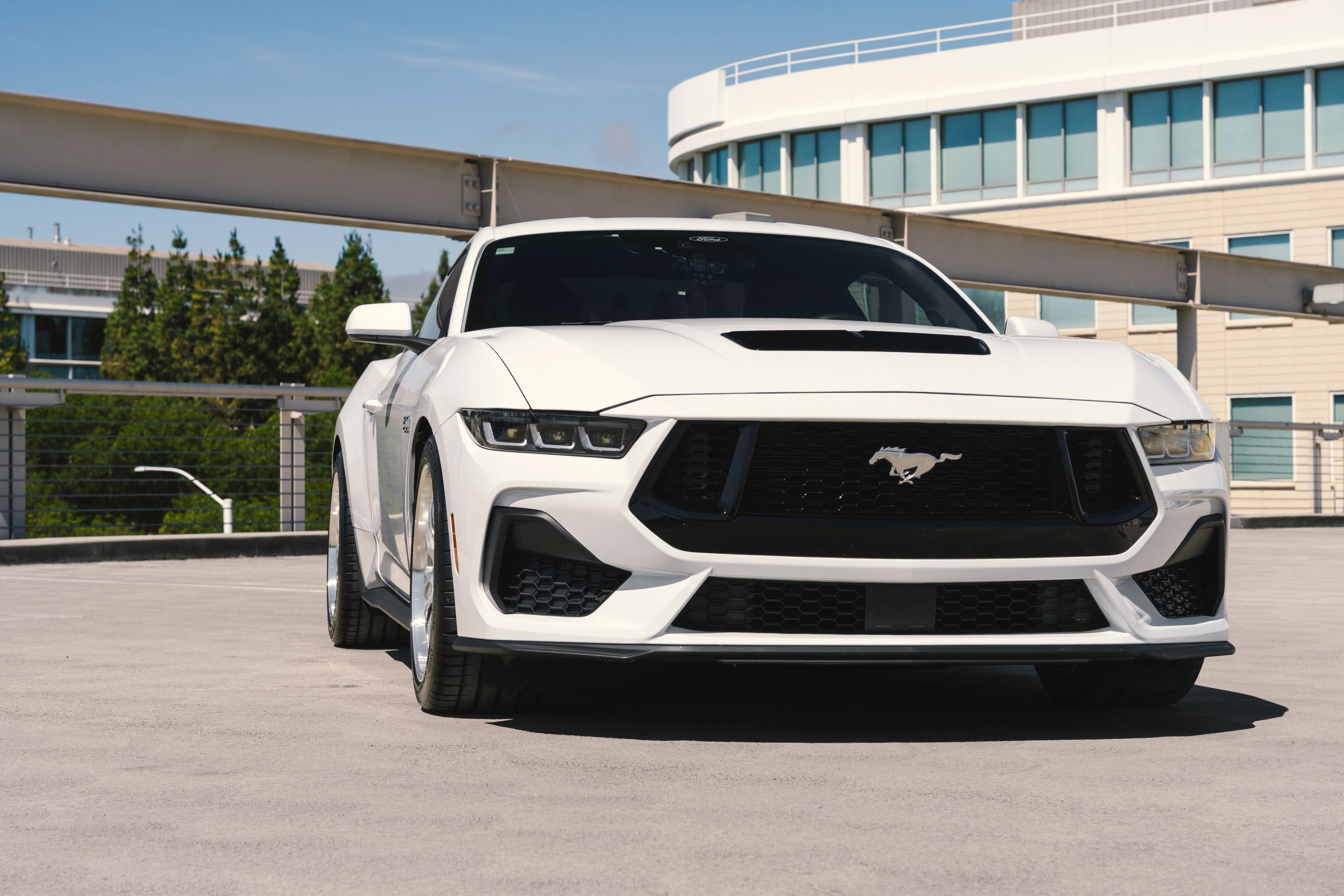 White Ford S650 Mustang GT with 19" ML-10RT Apex wheels in Machined Lip Brushed Clear