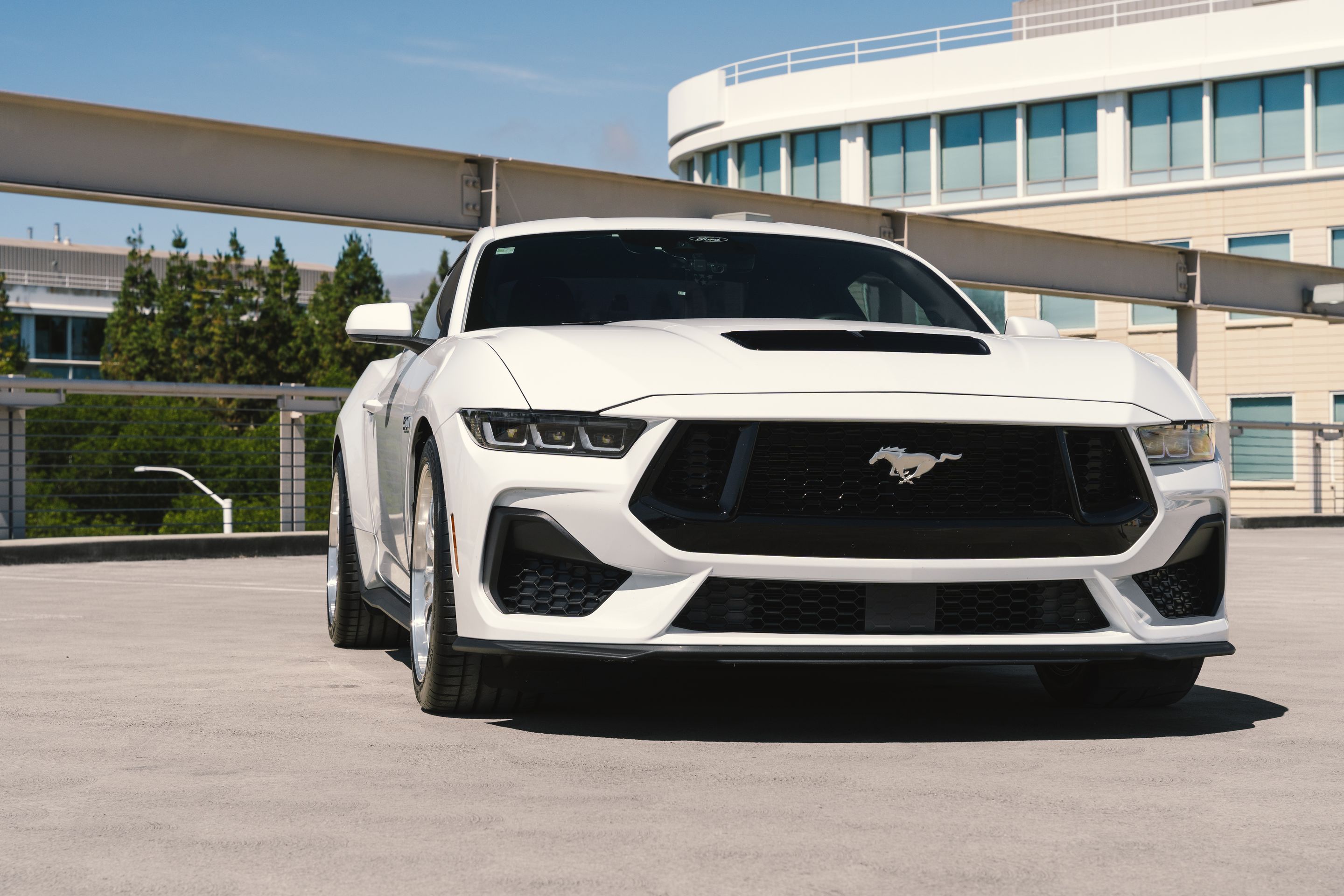White Ford S650 Mustang GT with 19" ML-10RT Apex wheels in Machined Lip Brushed Clear