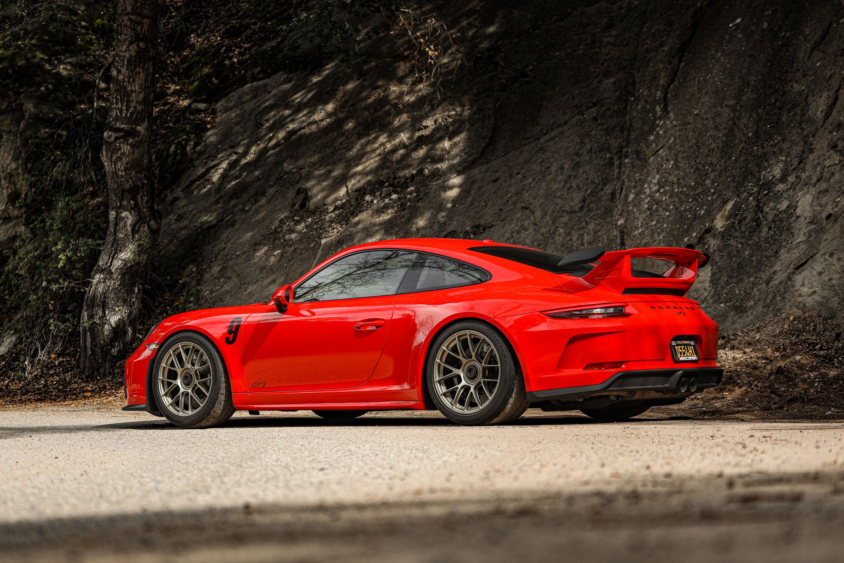 Red Porsche 911 991.2 GT3 with 19" EC-7RS Apex wheels in Motorsport Gold