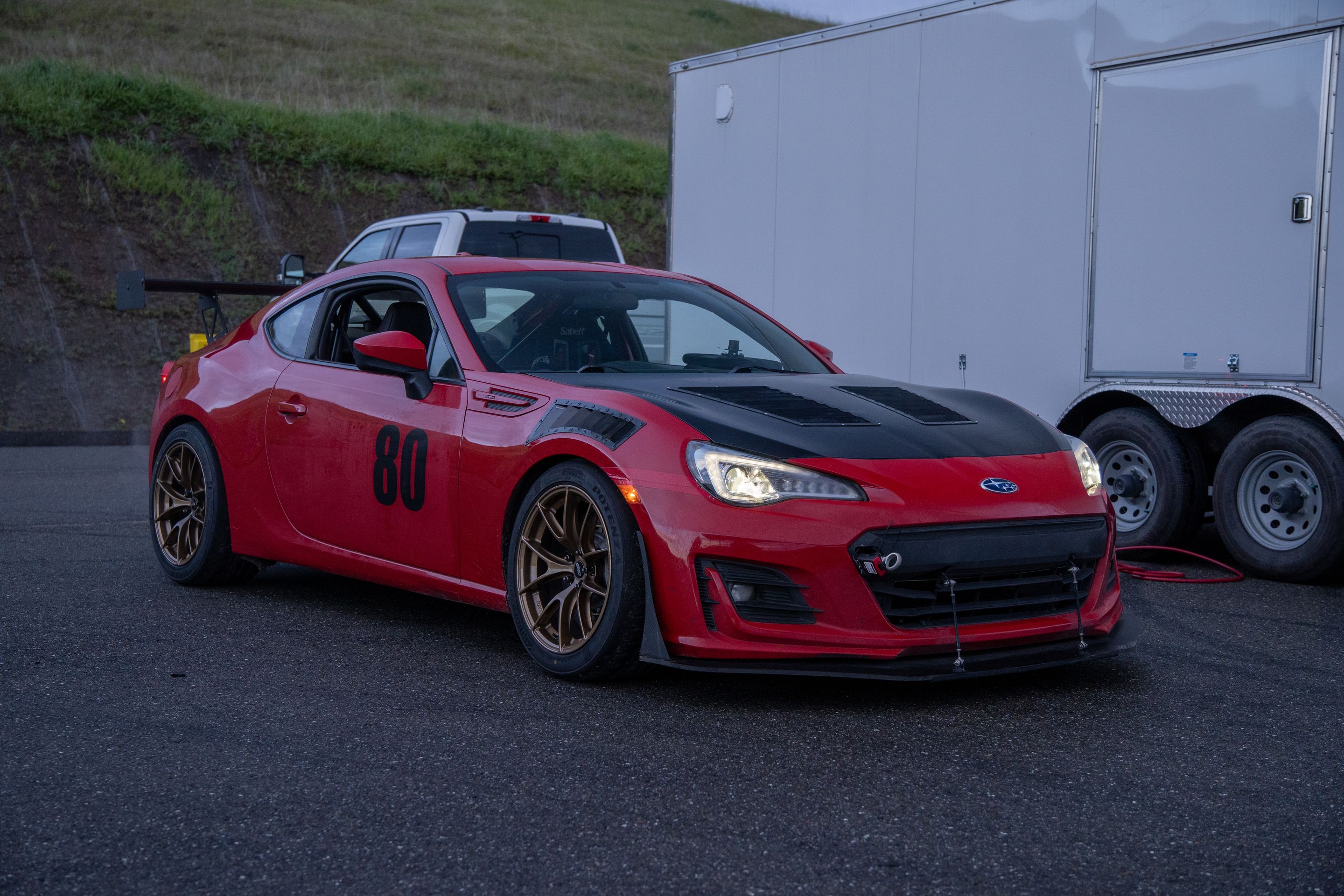 Red Subaru ZC6 / Gen 1 BRZ with 17" VS-5RS Apex wheels in Gloss Gold