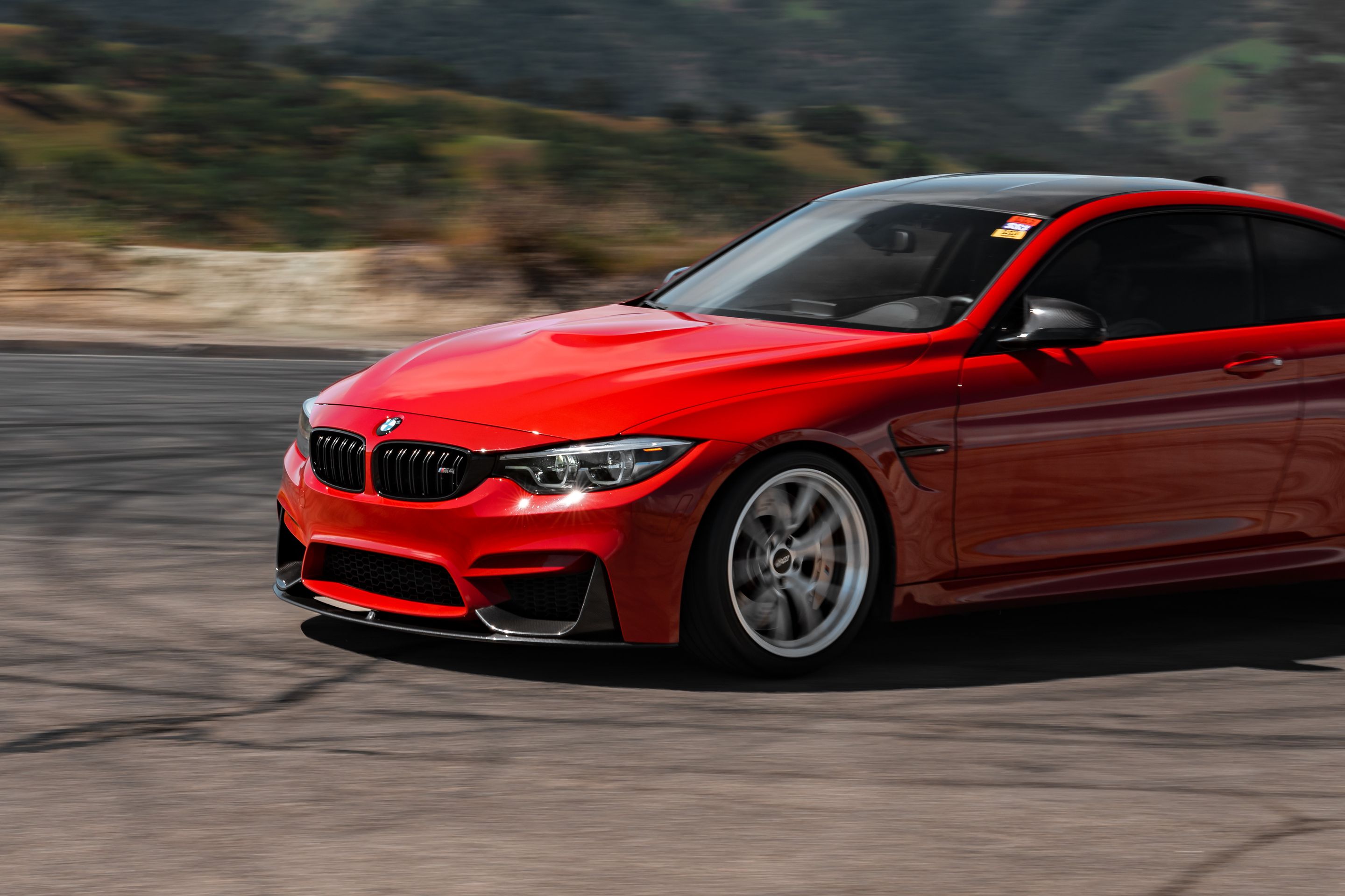 Red BMW F82 Coupe M4 with 19" VS-5RS Apex wheels in Brushed Clear
