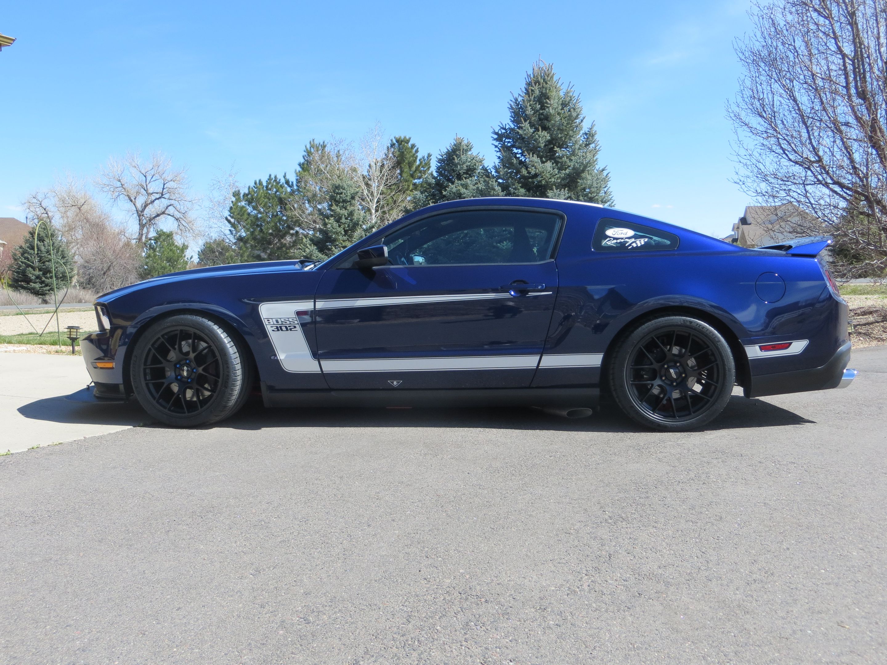 Blue Ford S197 Mustang Boss 302 with 19" EC-7 Apex wheels in Satin Black