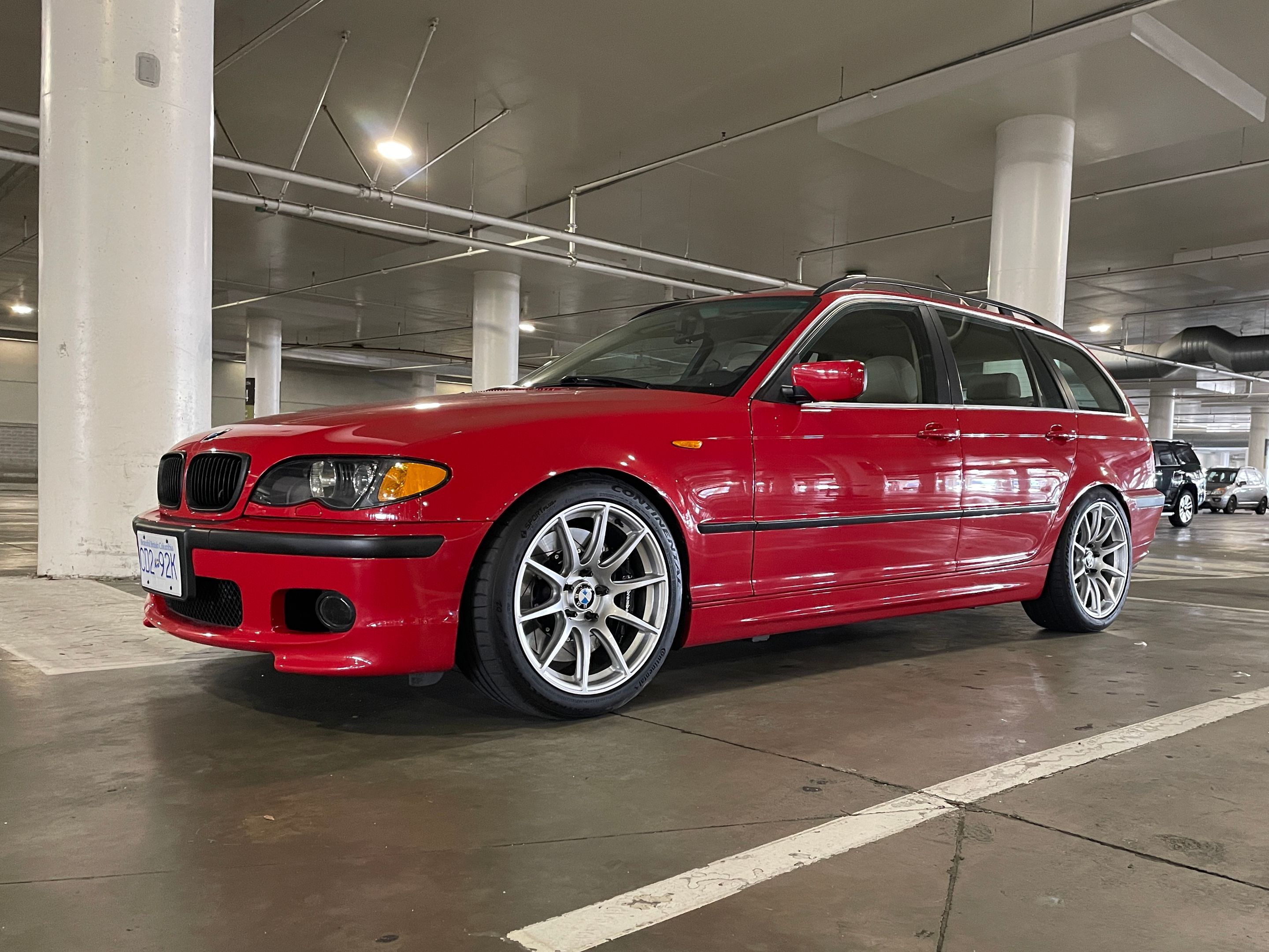 Red BMW E46 3 Series with 18" SM-10 Apex wheels in Race Silver