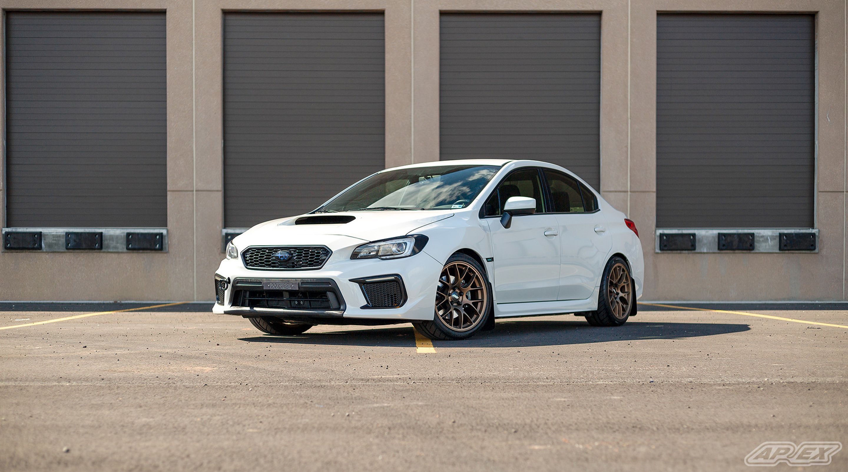 White Subaru VA WRX with 18" EC-7 Apex wheels in Satin Bronze