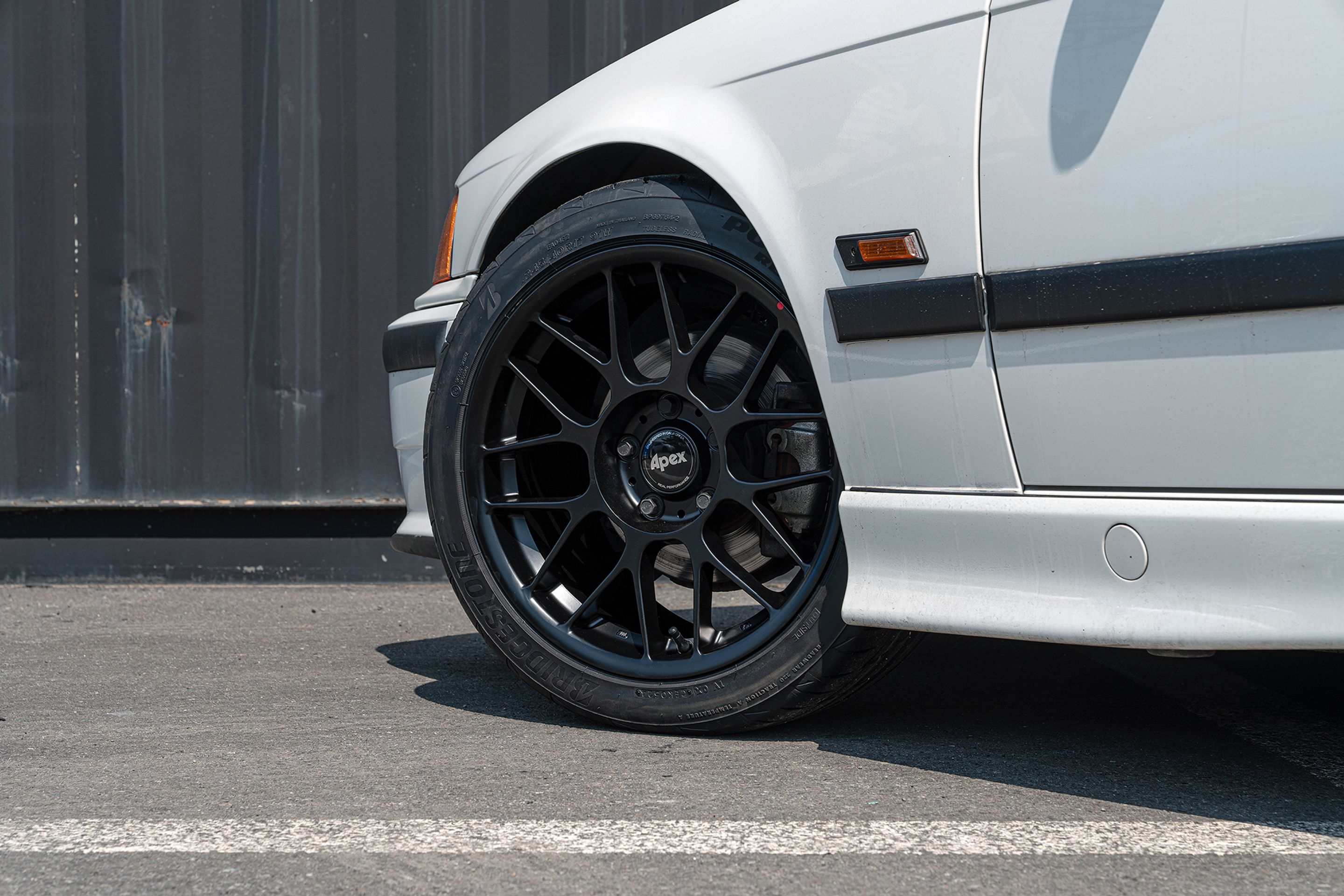 White BMW E36 3 Series with 17" ARC-8 Apex wheels in Satin Black
