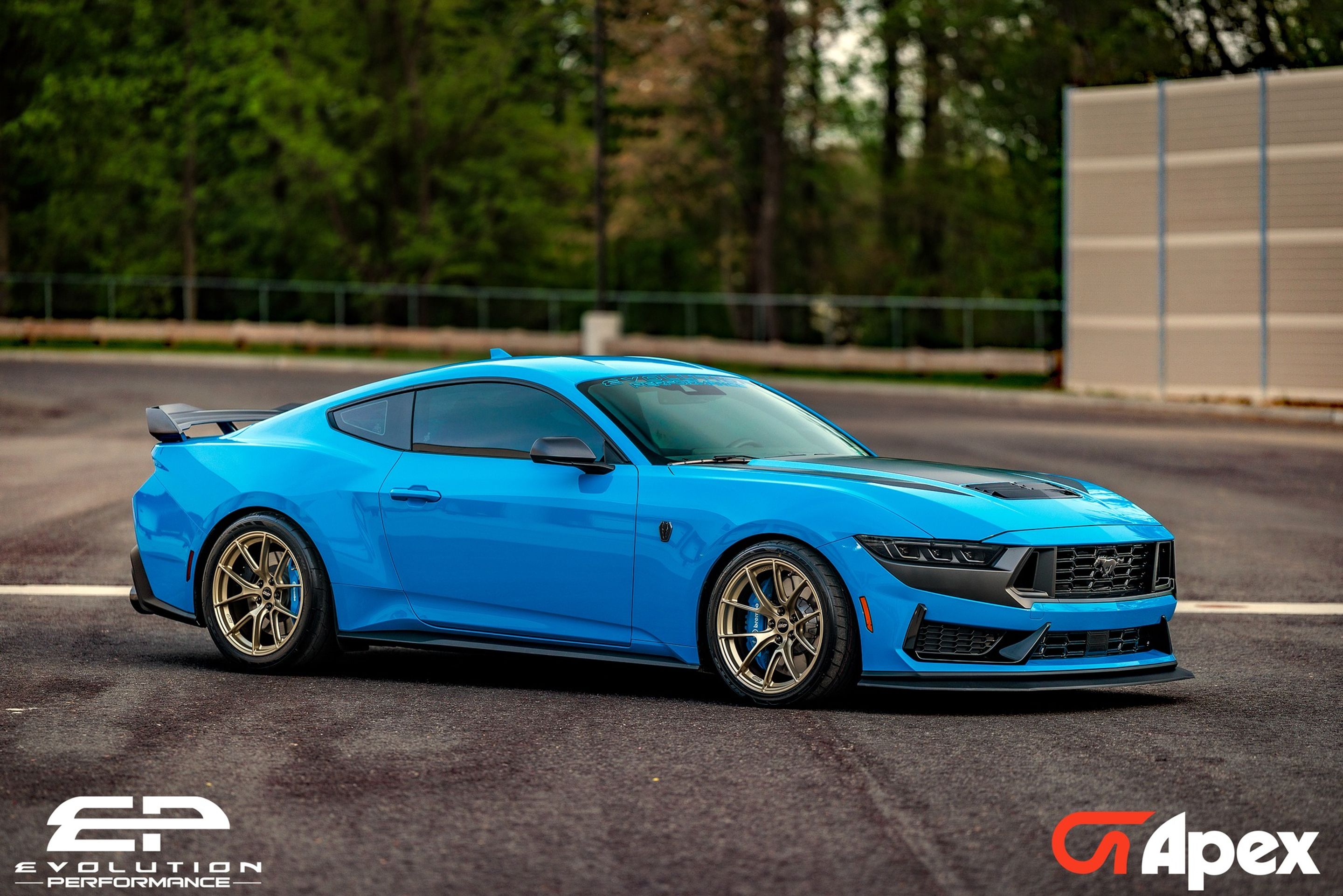 Blue Ford S650 Mustang Dark Horse with 19" VS-5RS Apex wheels in Motorsport Gold